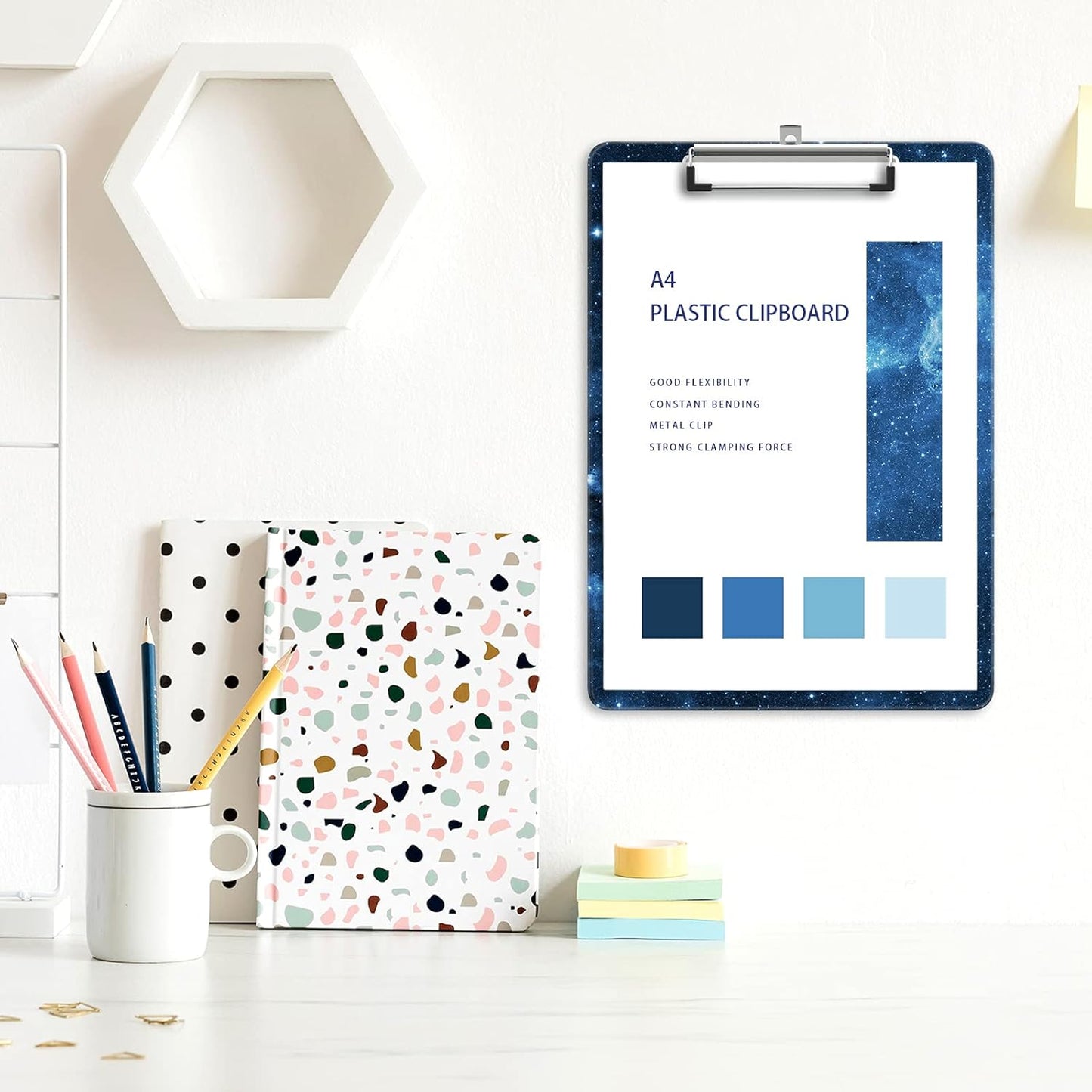 Plastic A4 Clipboards, Cute Clip Board Stardard Letter Size 9 x 12.5 in, Office Decorative for Students Women Men and Kids, Blue Starry Sky