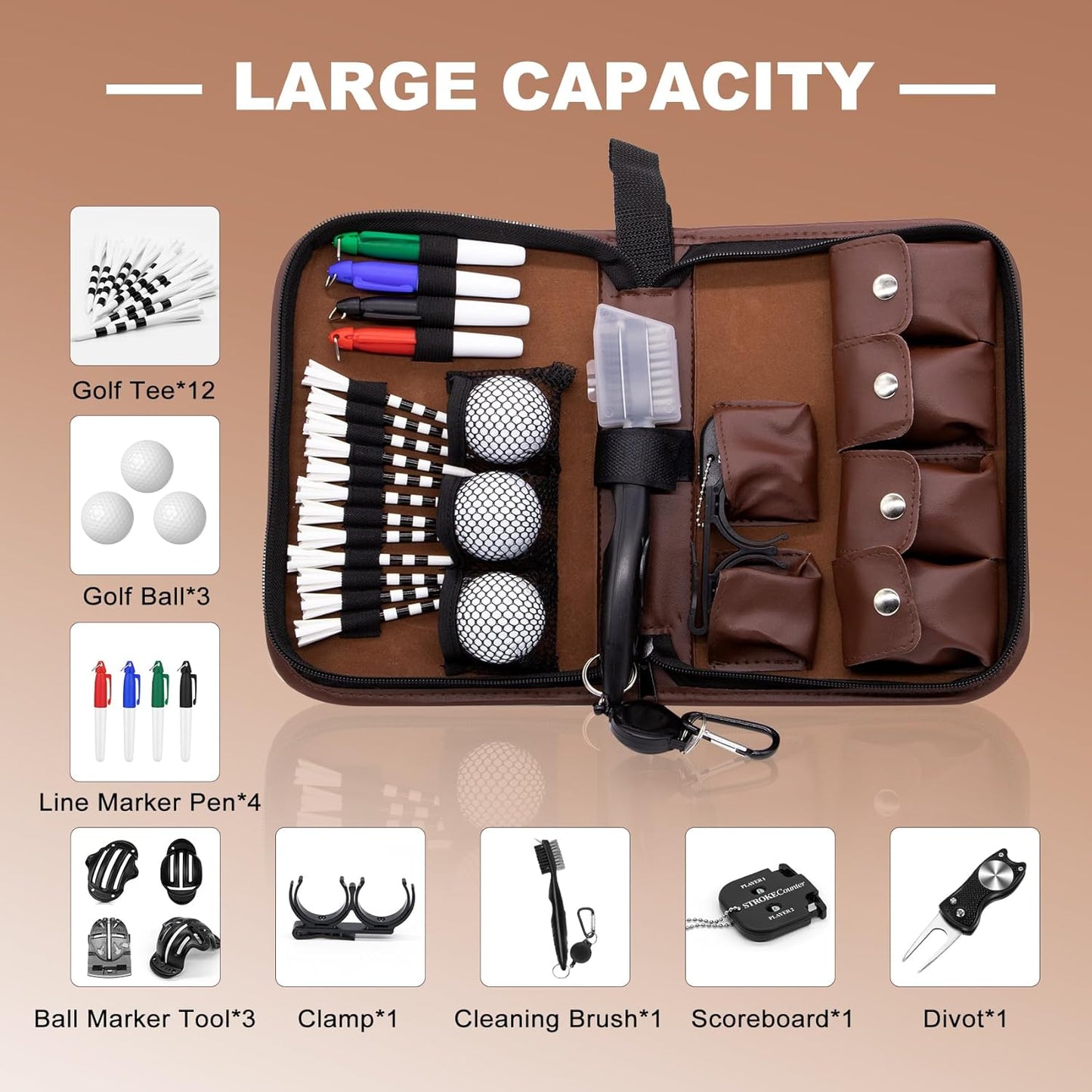 Golf Accessories for Men and Women, Golf Gifts for Him with Leather Case, Golf Brush, Golf Balls, Golf Tees, Golf Ball Clamp, Golf Divot, Golf Ball Line Marker Tool,Golf Ball Marking Stencils (Brown)