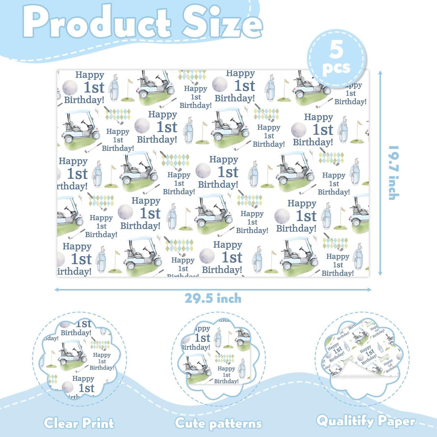 MJSXY Golf Wrapping Paper,Golf Theme Party Supplies,5 Sheets 19.6x27.5 Inch for 1st Birthday with Hole in One Birthday Decorations. Gift Wrap for Baby Boy Girl, Baby Showers Decors