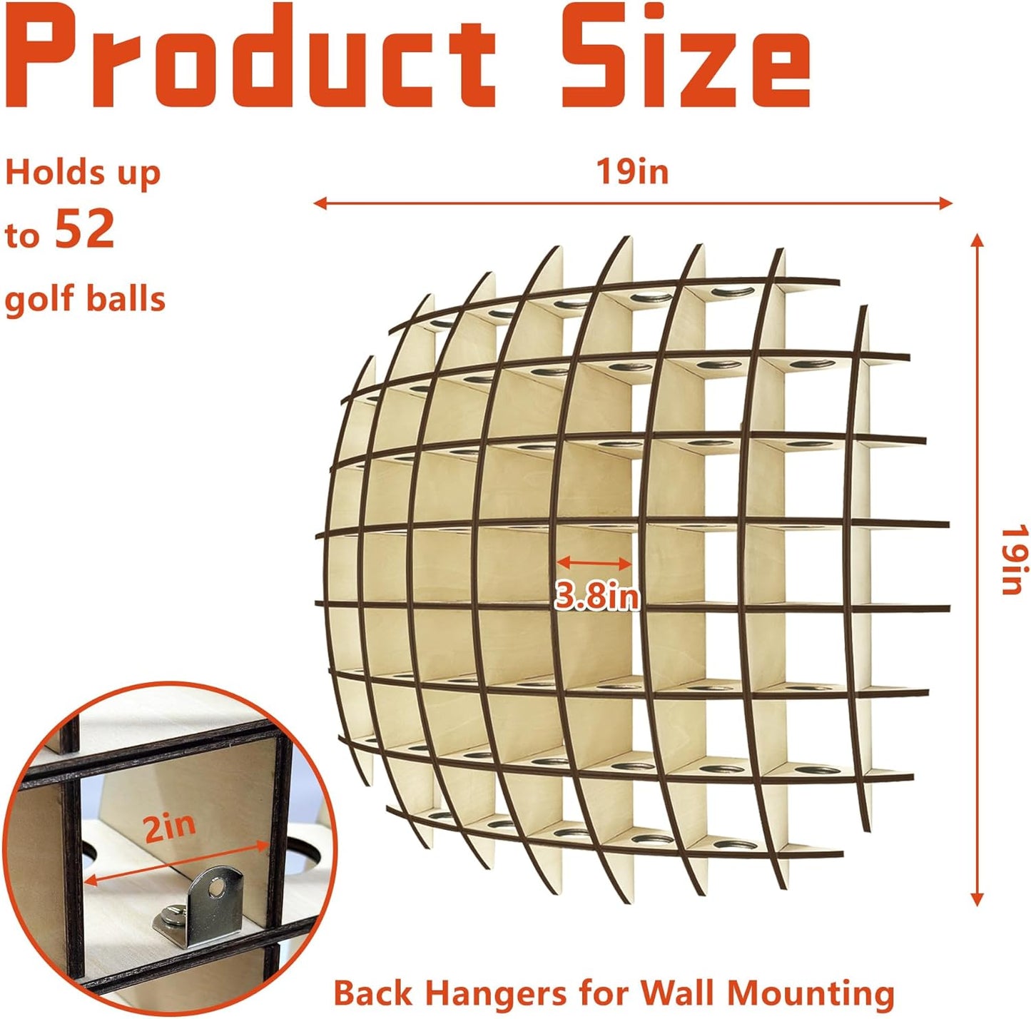 Golf Ball Display up to 52Pcs, Golf Ball Holder Wall Mounted, Golf Ball Rack for Golf Lovers (Oak Color)