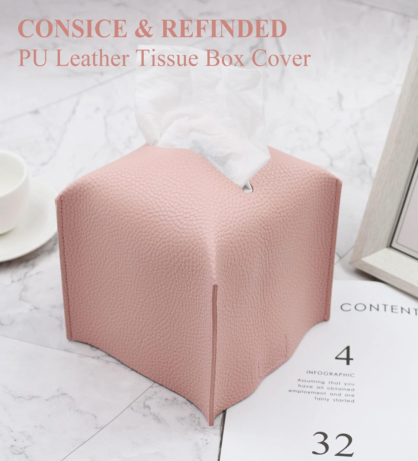 Livelab Tissue Box Cover Holder, Square Modern Decoration PU Leather Facial Tissues Case Roll Paper Dispenser for Bathroom Vanity Countertop, Night Stands, Office Desk Car 5X5X5'' | Pink