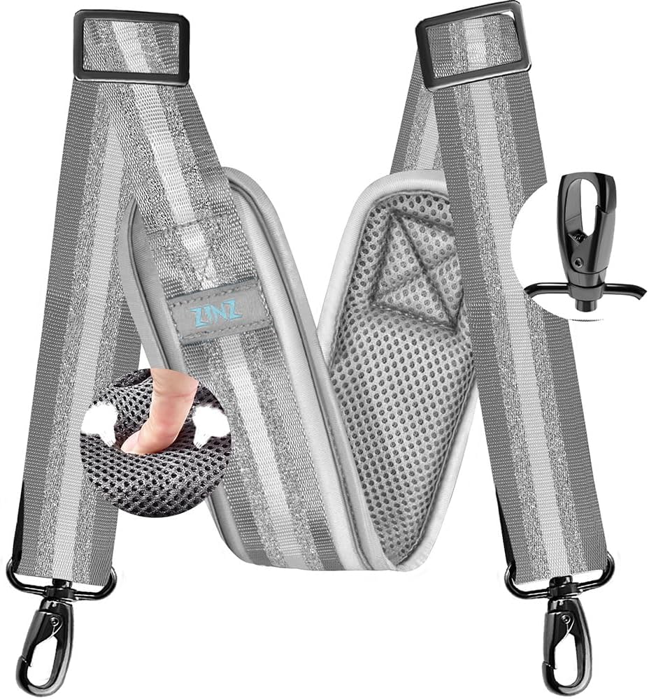 ZINZ 77 Inch Shoulder Strap Univesal Bag Strap with Fixed Pad Ultra Thick Plus Long & Breathable Cushion, Replacement Strap for Bags,Gray Silver