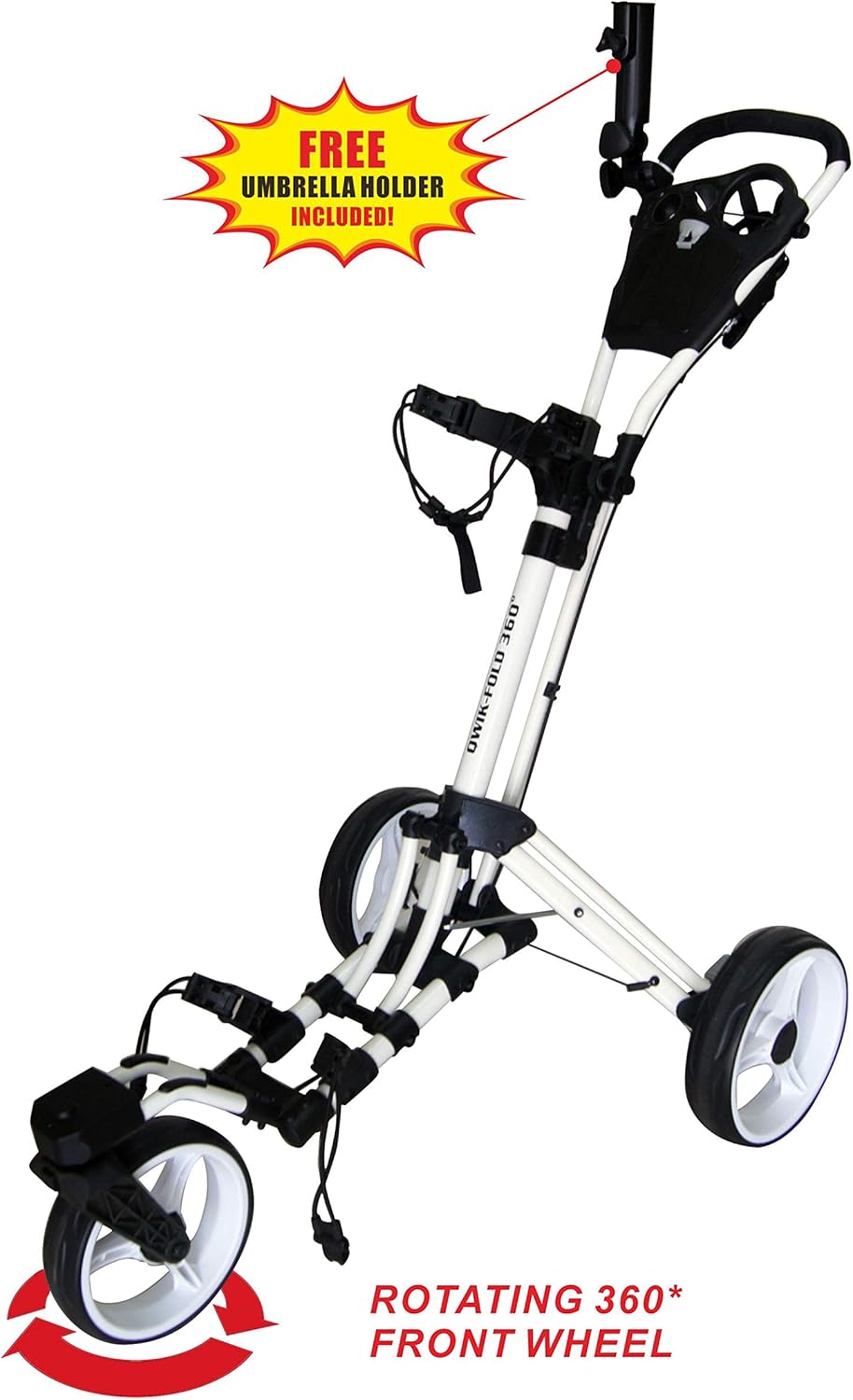 Golf Push Cart 3 Wheel with 360 Rotating Front Wheel, One Second to Open & Close, Lightweight Folding Golf Pull Cart with Foot Brake, Umbrella Holder, Cup Holder, & Storage Compartment