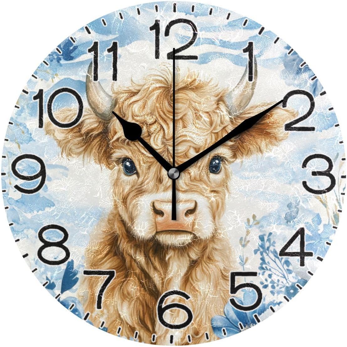ALAZA Watercolor Highland Cow Blue Flower Wall Clock Battery Operated Non Ticking Silent Quartz Analog Rustic Farmhouse Round Clock Retro Decor for Home Kitchen Living Room Bathroom