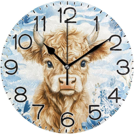 ALAZA Watercolor Highland Cow Blue Flower Wall Clock Battery Operated Non Ticking Silent Quartz Analog Rustic Farmhouse Round Clock Retro Decor for Home Kitchen Living Room Bathroom