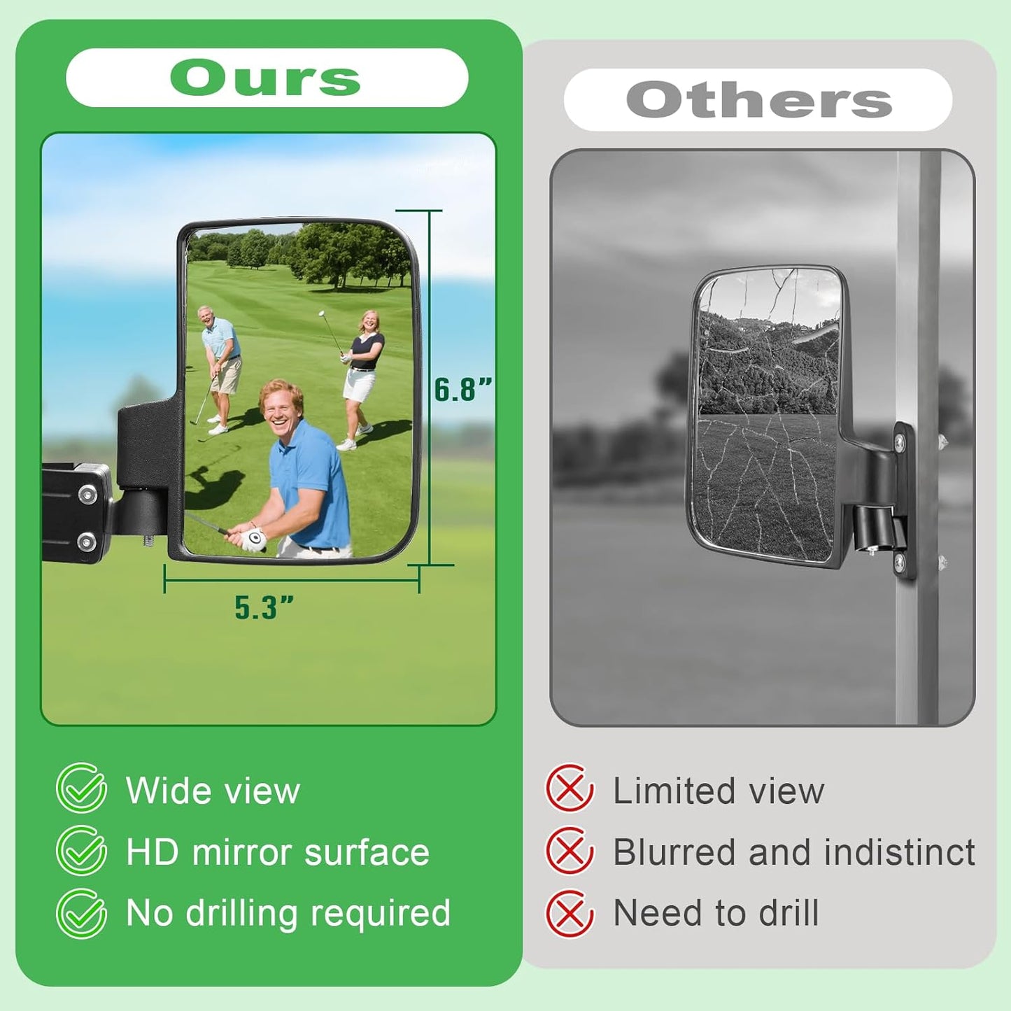 No Drilling Golf Cart Side Mirrors with Built-In Reflector, Universal HD Folding Side View Mirrors Fit EZGO, Club Car, Yamaha Golf Carts, for 0.75"/1"/1.25" Square Strut, Shatterproof Anti-Fog Glass