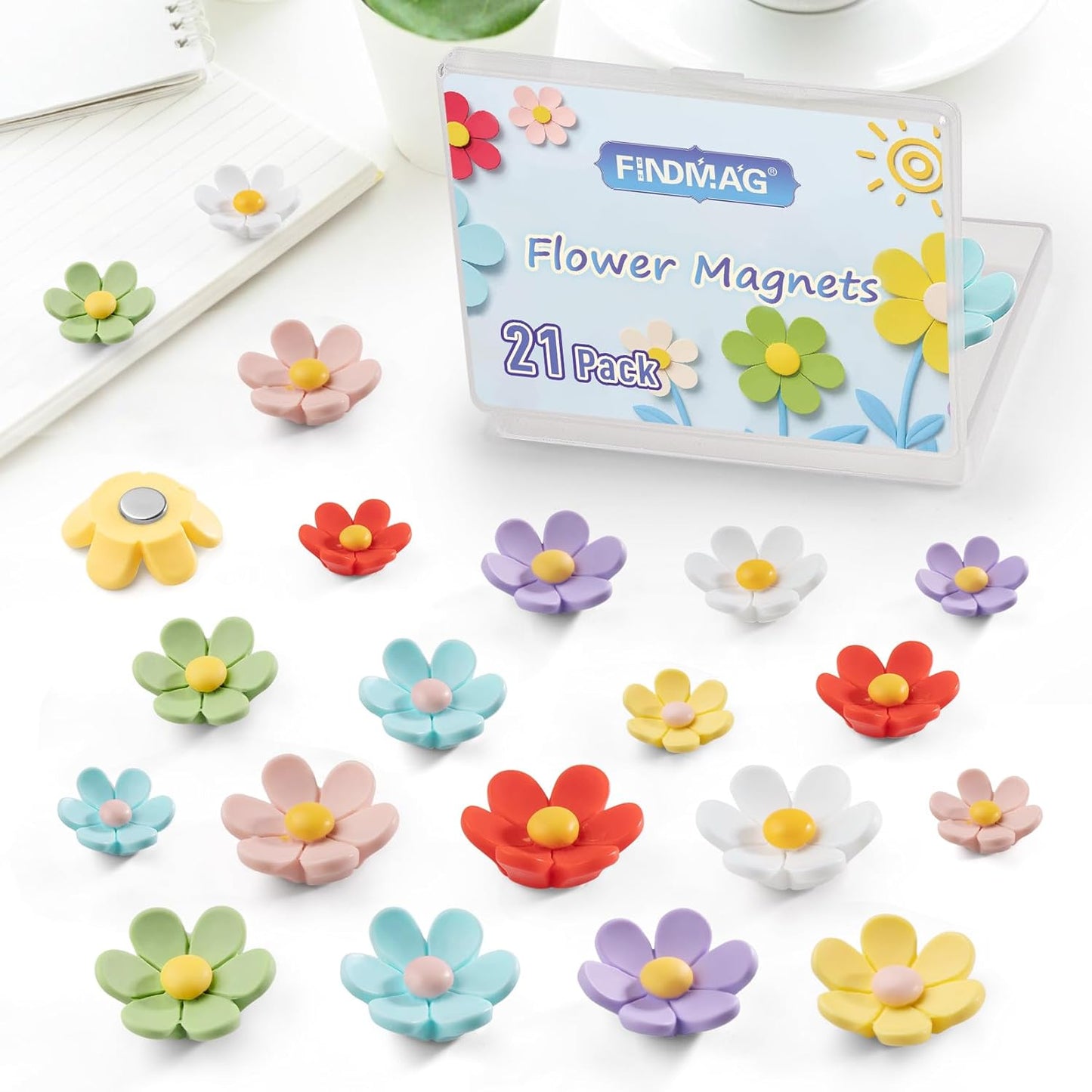FINDMAG 21Pack Fridge Magnets, Flower Refrigerator Magnets Cute, Fun Magnet Refrigerator, 3D Flower Magnet for Office, Locker Decorations, Home, Kitchen, Whiteboard, (7 Small + 7 Medium + 7 Large)