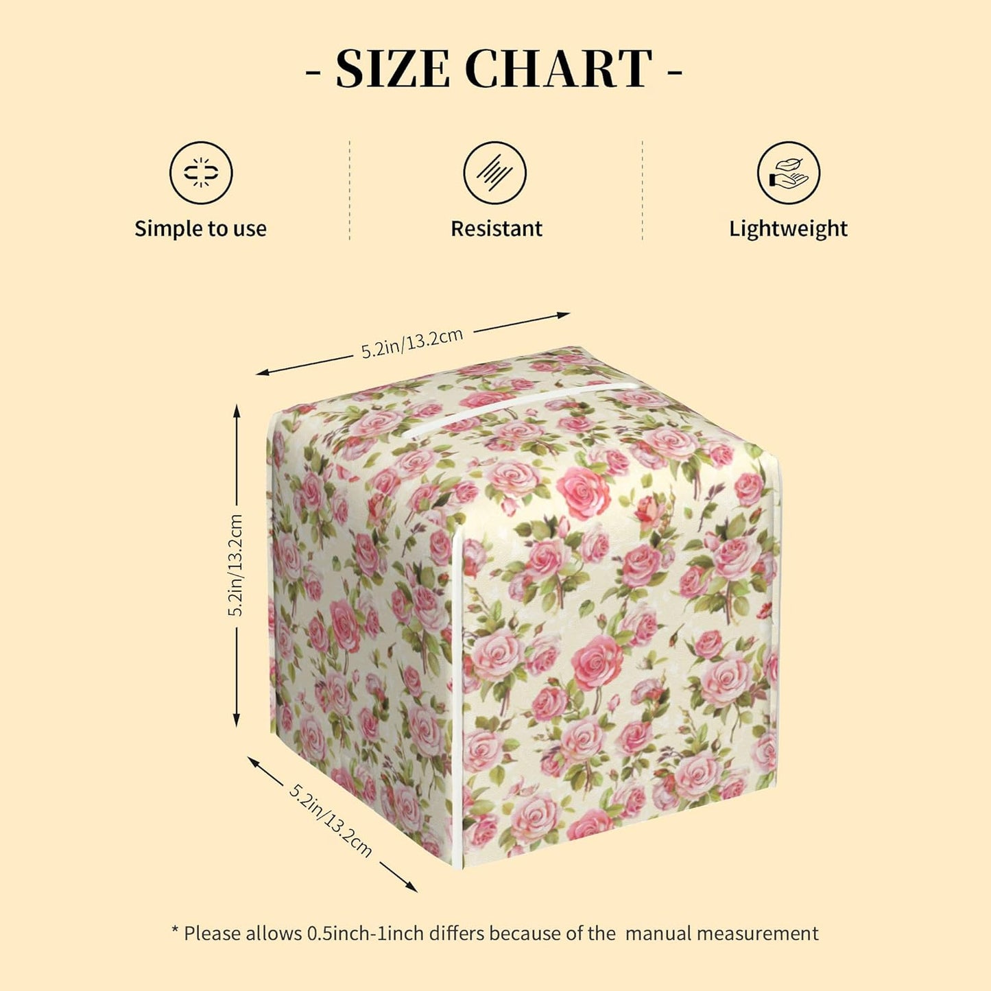 Tissue Box Cover Square,Watercolor Pink Roses Tissue Box Holder Waterproof Leather Facial Paper Case Modern Home Decoration for Bedroom Dresser Night Stand Office Desk