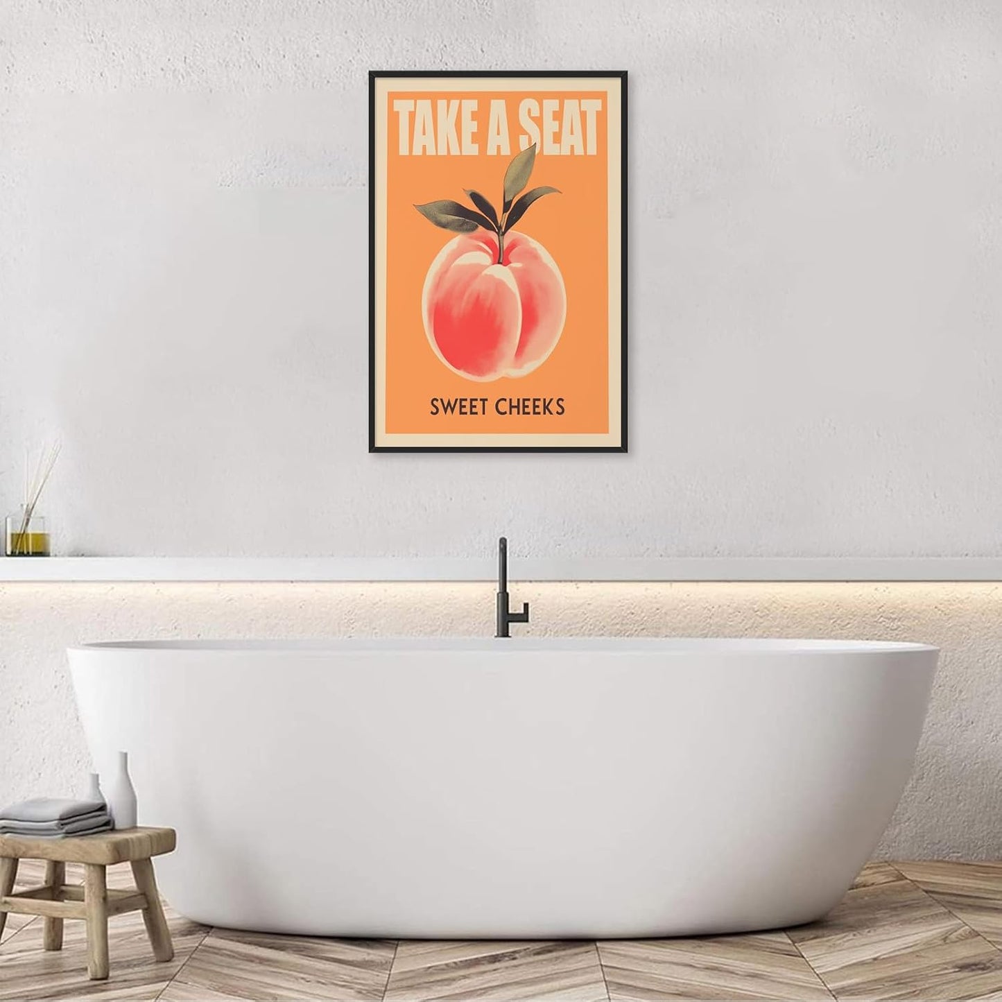 Take a Seat Sweet Cheeks Poster, Funny Bathroom Wall Art Peach Bum Art Canvas Print, Minimalist Preppy Orange Pink Wall Decor for Dorm Toilet 24x36in Framed