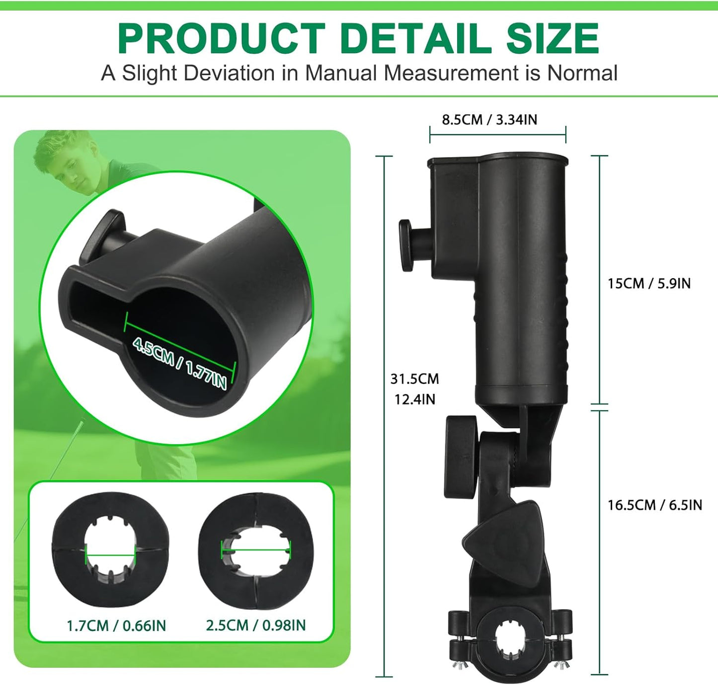 Golf Push Cart Umbrella Holder 180 Degrees Adjustable Golf Trolley Umbrella Holder, Universal Umbrella Stand Attachment for Golf Cart/Stroller/Wheelchair/Bike