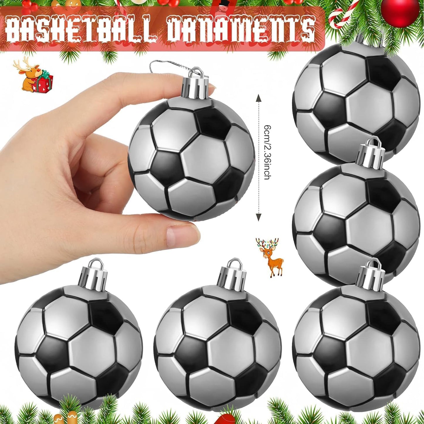 Leitee 12 Pcs Christmas Plastic Soccer Ball 2.36 Inch Xmas Tree Ornaments with Hanging Loop Sports Theme Decorative Hanging Ornaments for Holiday Party Christmas Tree Home