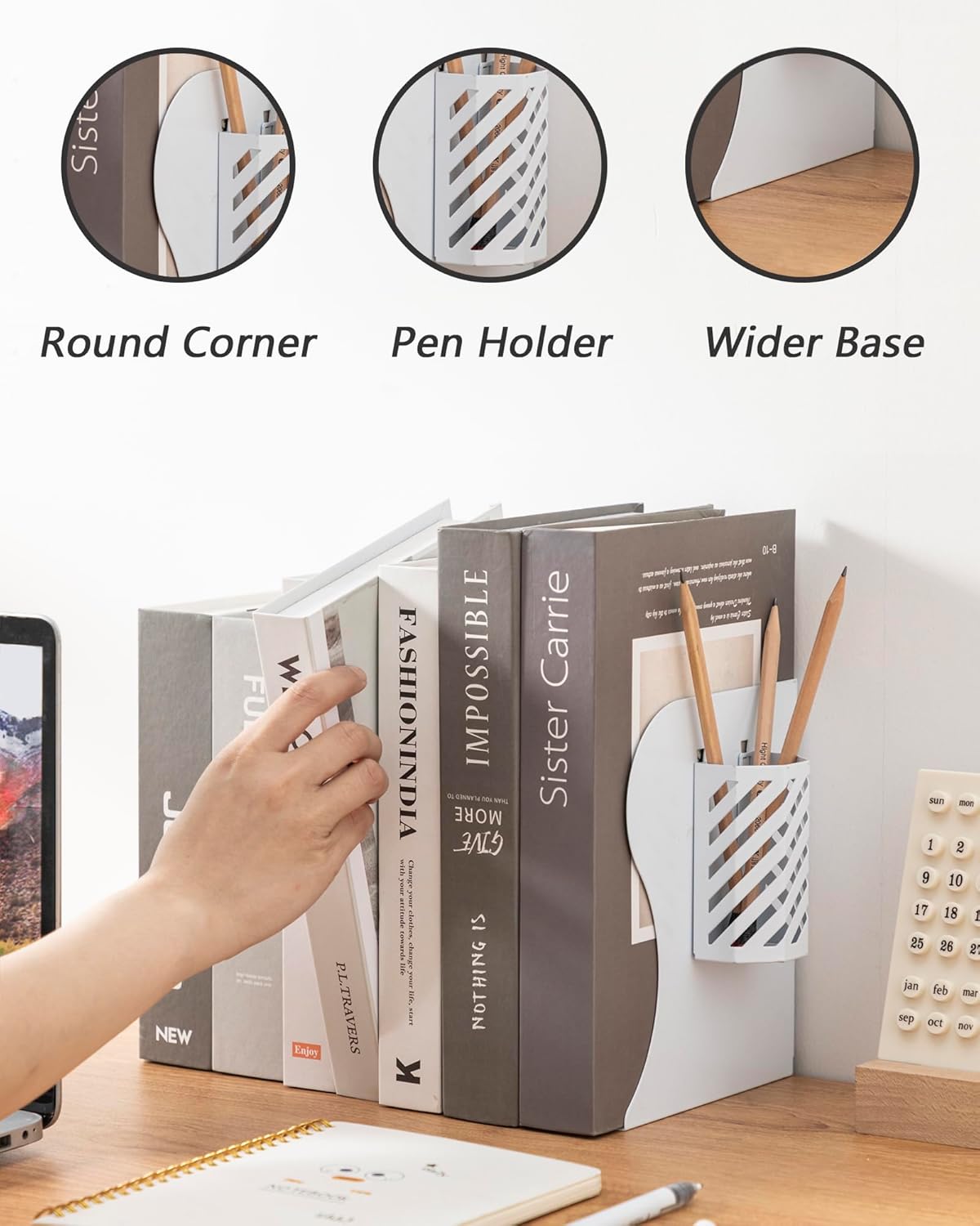 Kingsmile Book Ends, Adjustable Bookends for Shelves, Metal Bookends for Heavy Books, Book Stopper Organzier with Pen Holder for Desk, Kids Room, Office, Classroom, Library, Study Room.(White)