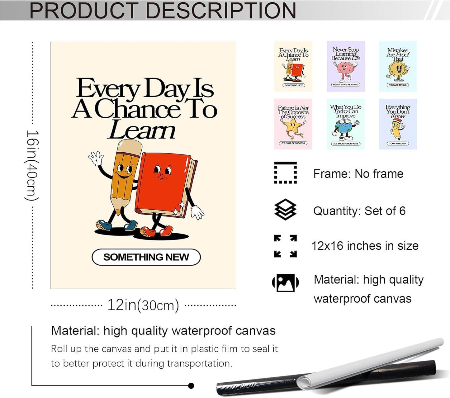 Set of 6 Colorful Growth Mindset Posters, Retro Inspirational Classroom Poster, Motivation Growth Mindset Wall Art for Classroom, Educational Poster for Teachers Bulletin Board 12x16in Unframed