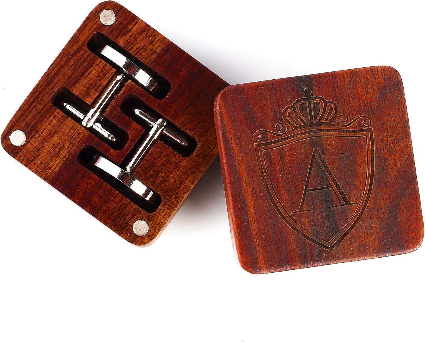 Mens Initial Silver Cufflinks A-Z Alphabet Letter Steel Cuff Links with Engraved Walnut Wood Box Groom Groomsman Wedding Set…