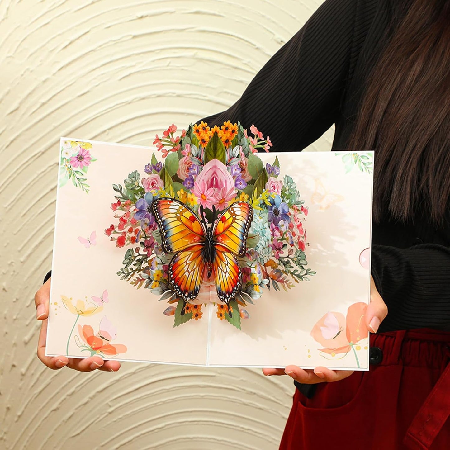 Beautiful Butterfly resting on pink roses pop up birthday card. A beautiful gift for women who love butterflies and roses for Mother's Day, Thanksgiving, Women's Day, Wedding Anniversary,with envelope.