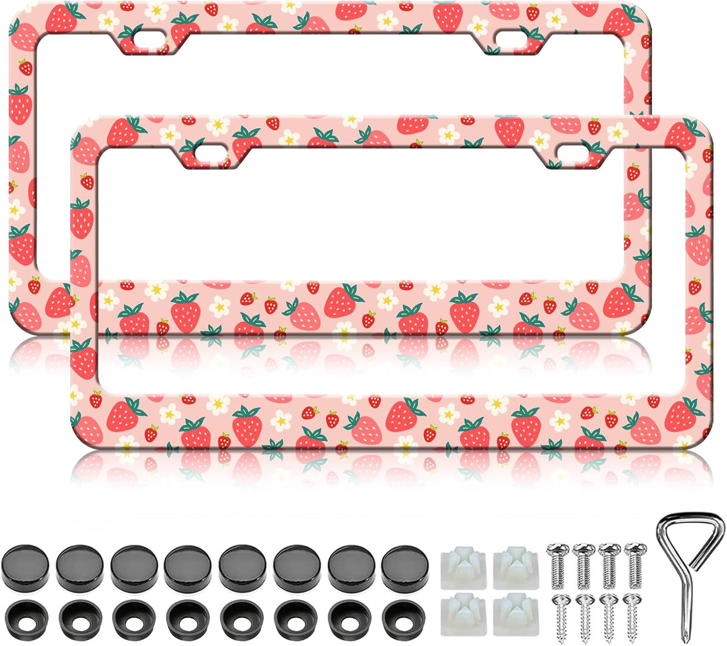 Pink Strawberry License Plate Frames - 2 Pack Cute Fruit License Plates Holder Covers Car Accessory, Aluminum Metal Rust-Proof Waterproof Car Tag Frame with Screws Fasteners Caps