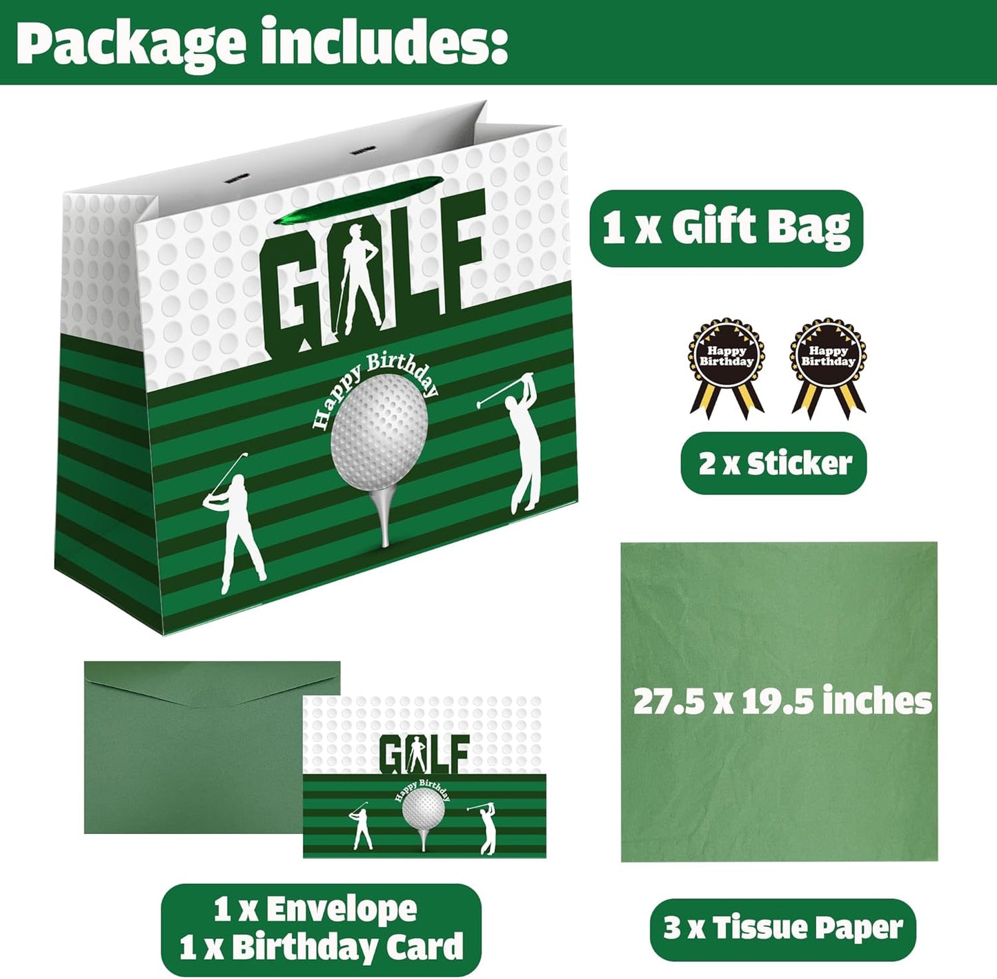 Sumerk 13" Golf Birthday Gift Bag with Tissue Papers and Greeting Card, Envelope and Stickers - Golf Theme Birthday Gifts Wrapping Bag for Men and Women