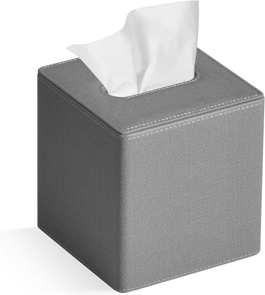 Tissue Box Cover Square PU Leather Facial Tissue Box Holder for Dresser Bathroom Decor (Linen Grey)