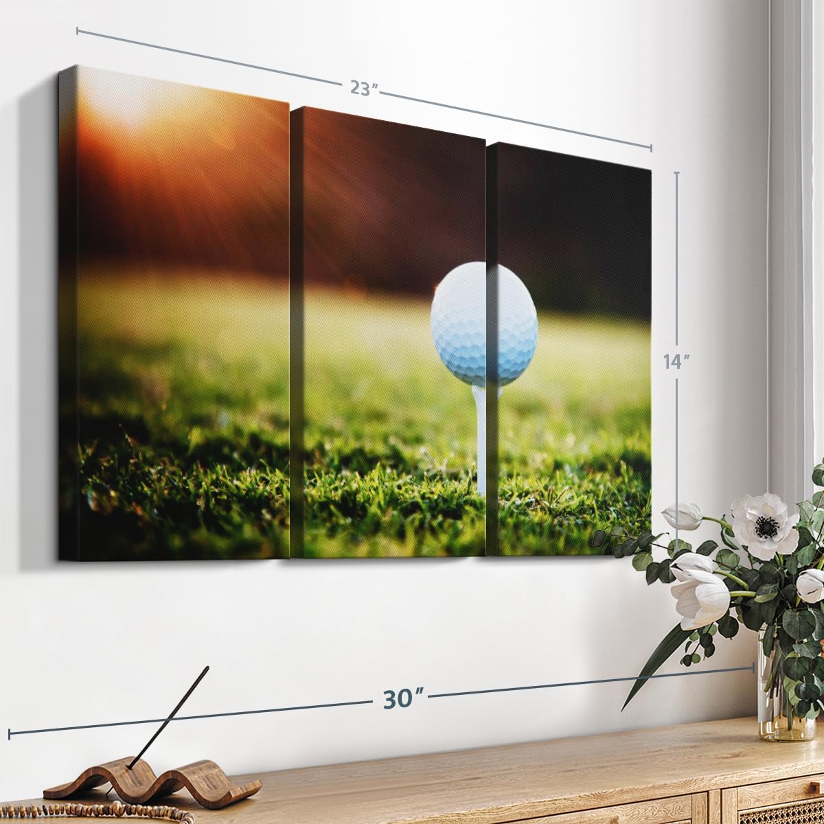 ElephantStock Golf Ball Tee Wall Art - Horizontal Canvas - 3-Piece Living Room Wall Decor - Photography Photographic Canvas Print - Black and White Decor for Wall - 23" X 14"
