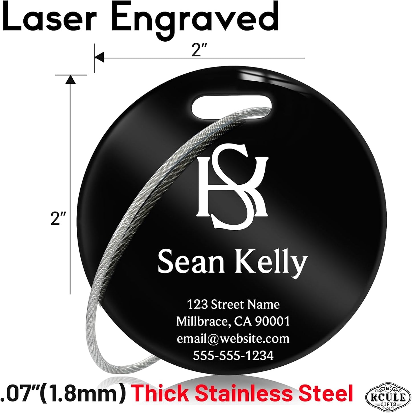 Personalized Luggage Tags for Suitcases - Stainless Steel Custom Luggage Tags for Backpacks & Bags, Sturdy, Waterproof & Heavy Duty (Black/Round)