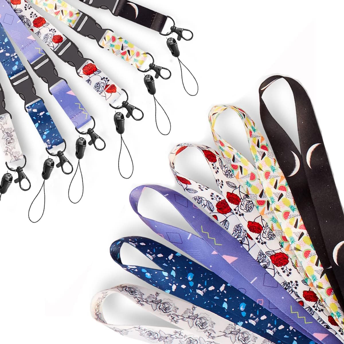 6 Pack Lanyards,White Black Roses,Black with Moon,Neck Office Cruise Lanyard For Keys Women Men ID Card Holder Waterproof