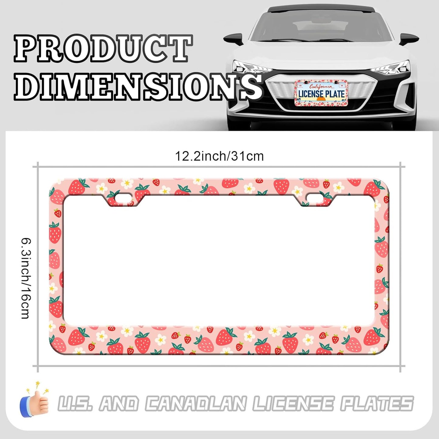 Pink Strawberry License Plate Frames - 2 Pack Cute Fruit License Plates Holder Covers Car Accessory, Aluminum Metal Rust-Proof Waterproof Car Tag Frame with Screws Fasteners Caps