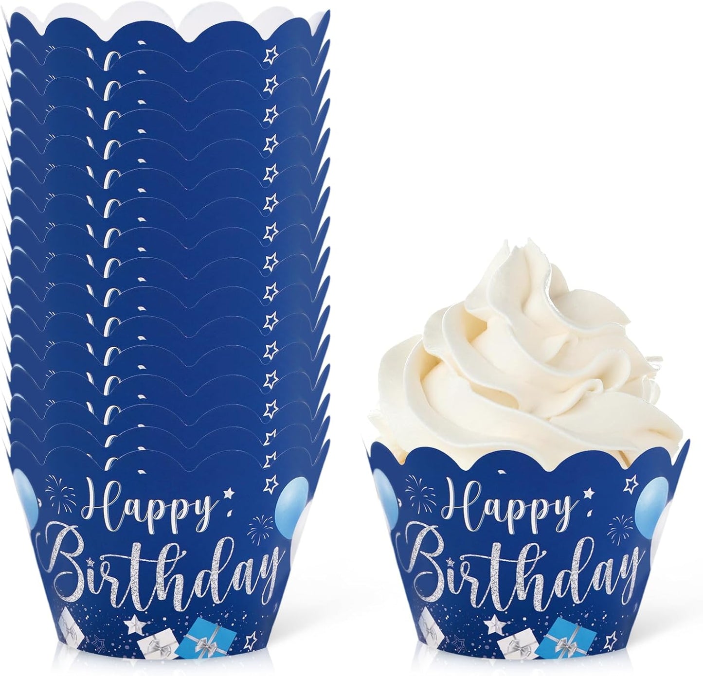 Whaline 36Pcs Happy Birthday Cupcake Wrappers Blue Silver Birthday Cupcake Liners Decorative Cupcake Holders for Baby Shower Birthdays Party Cake Decoration