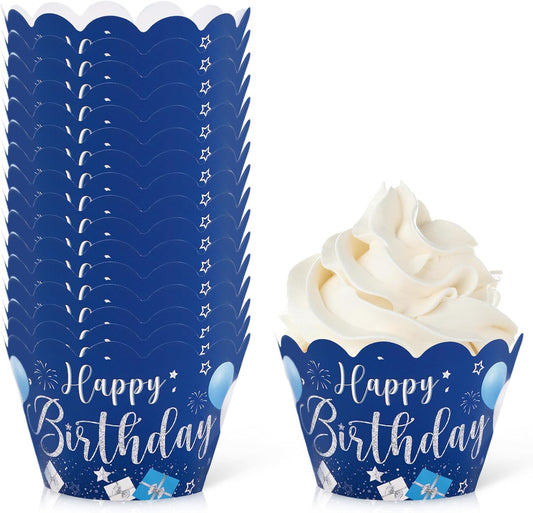 Whaline 36Pcs Happy Birthday Cupcake Wrappers Blue Silver Birthday Cupcake Liners Decorative Cupcake Holders for Baby Shower Birthdays Party Cake Decoration