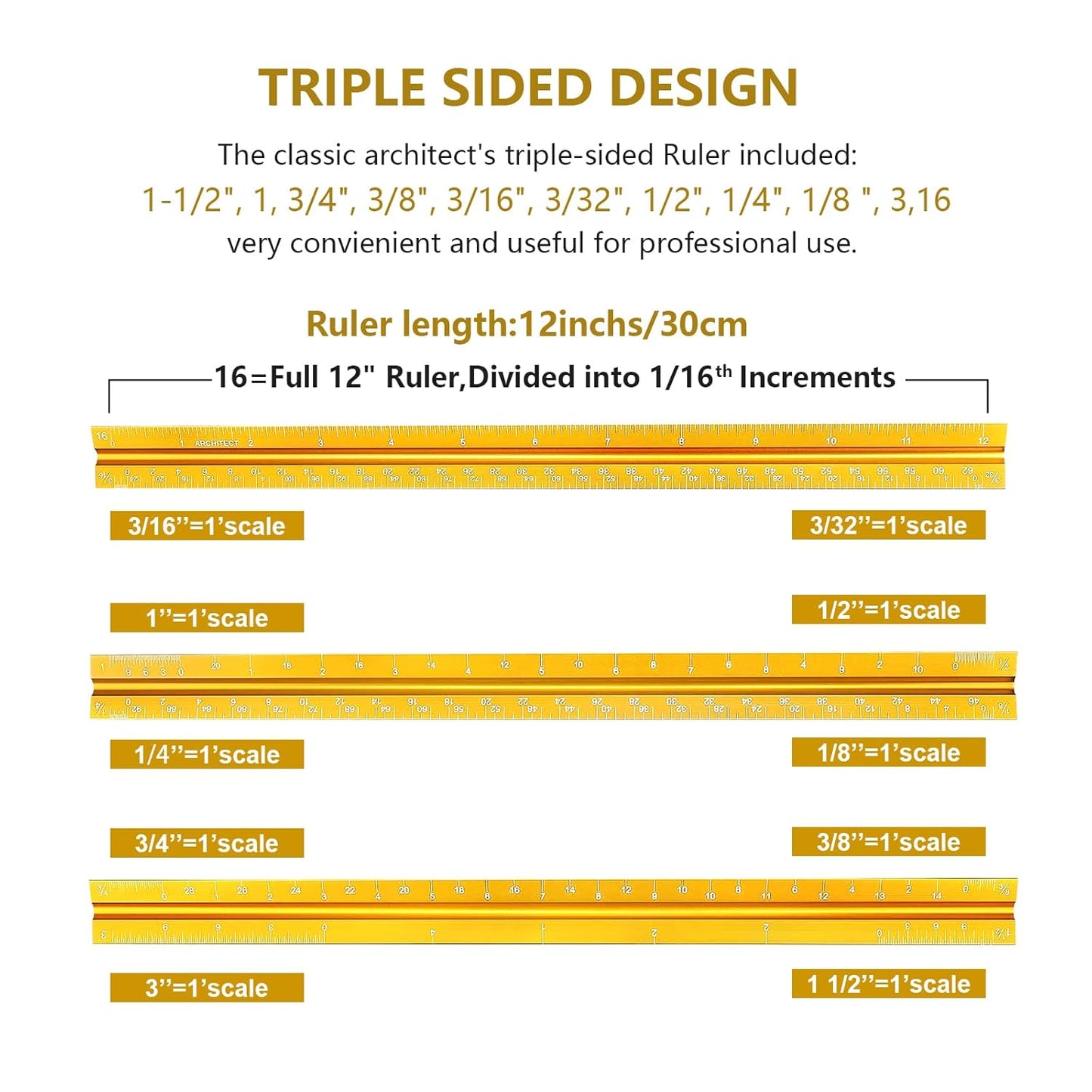 Architectural Scale Ruler, Imperial Measurements 12'', Laser-Etched Aluminum Architect Triangular Ruler Gold for Architects, Students, Draftsman, and Engineers by mveohos