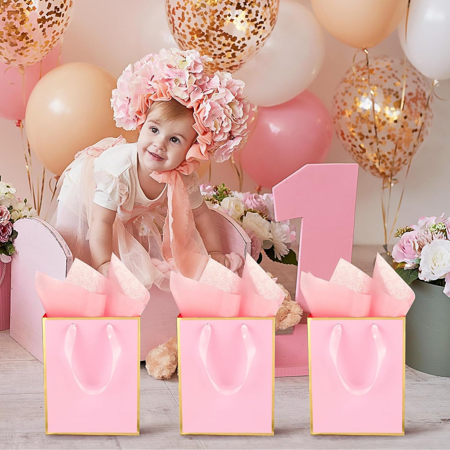 Yeaqee 24 Pack Metallic Paper Gift Bags with Handle and Tissue 9x7x3.1 Gold Foil Welcome Favor Bags Return Gifts for Wedding Fall 5 Senses Christmas Bridesmaid Birthday(Pink Gold)