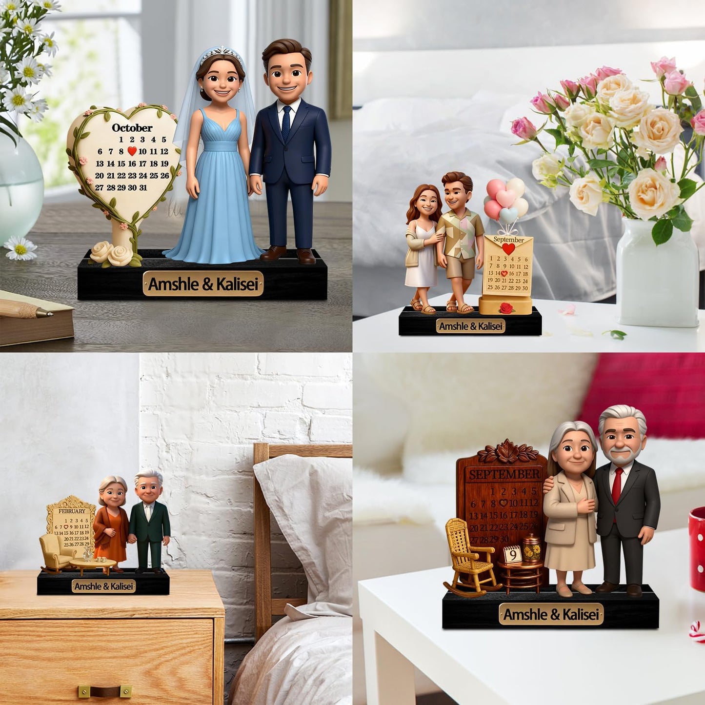 Personalized Couple Cartoon Photo Sculpture Ornament Custom Name Date 2D Acrylic Cartoon Style Figurine Desk Decor Gift for Couple Valentine's Day Xmas Anniversary (Style 14)