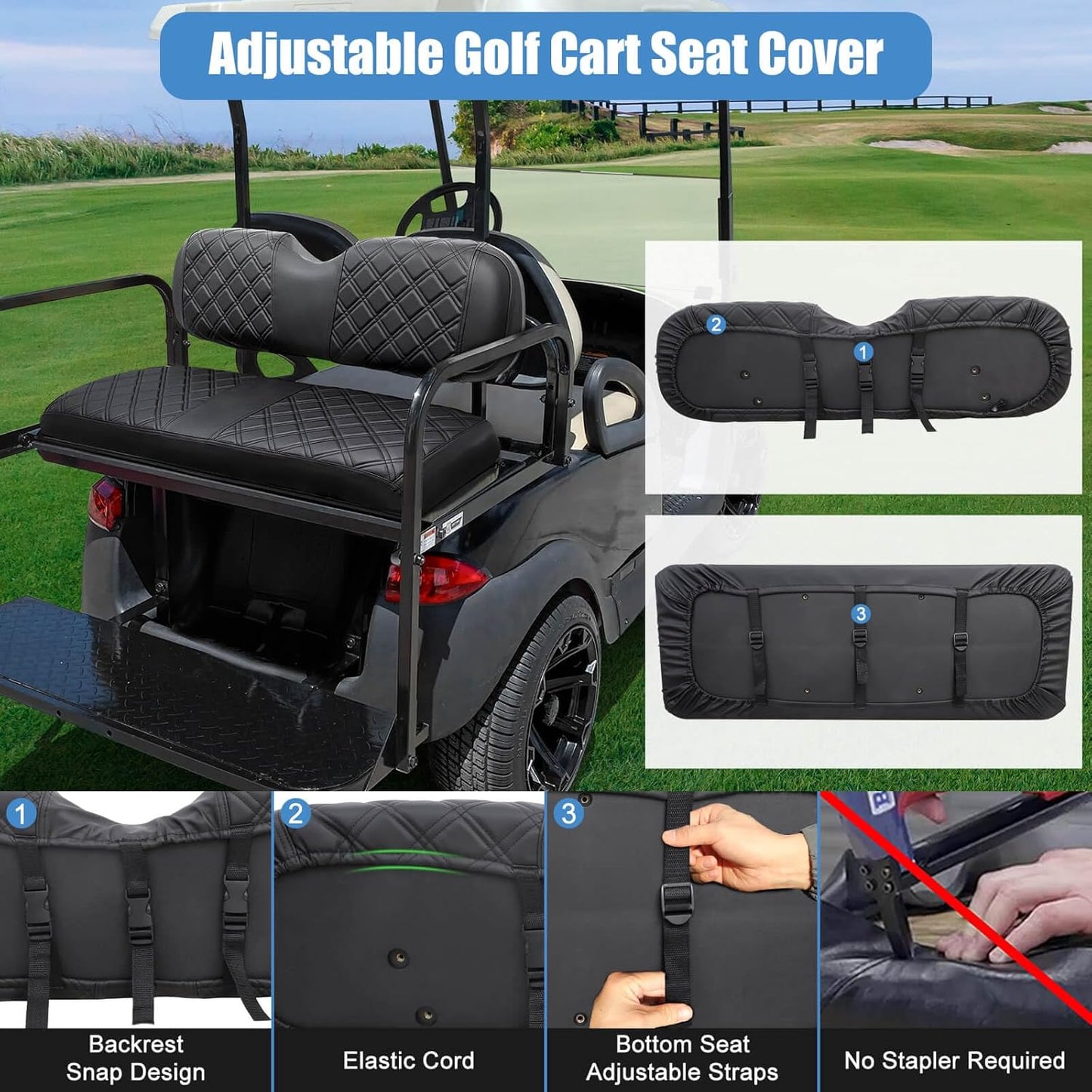 MOSNAI Golf Cart Rear Seat Covers for EZGO Club Car Yamaha Aftermarket Rear Seat Cushion, Rear Seat Cover with Concave and Convex Design, Thick Vinyl Leather Comfortable, Breathable & Easy to Clean