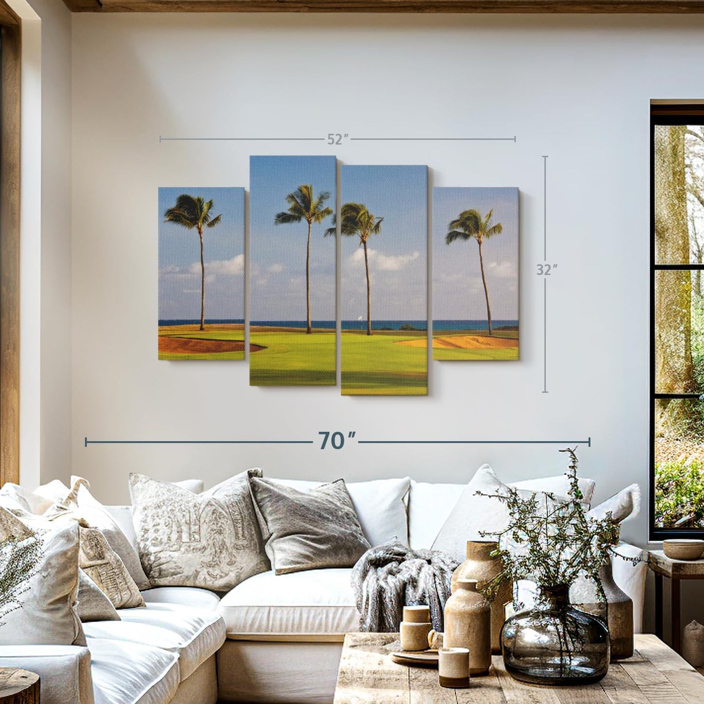 Elephant Stock Hawaiian Golf Course Wall Art - Horizontal Canvas - 4-Piece Living Room Wall Decor - Photography Sports Canvas Print - Green and Yellow Decor for Wall - 52" X 32"