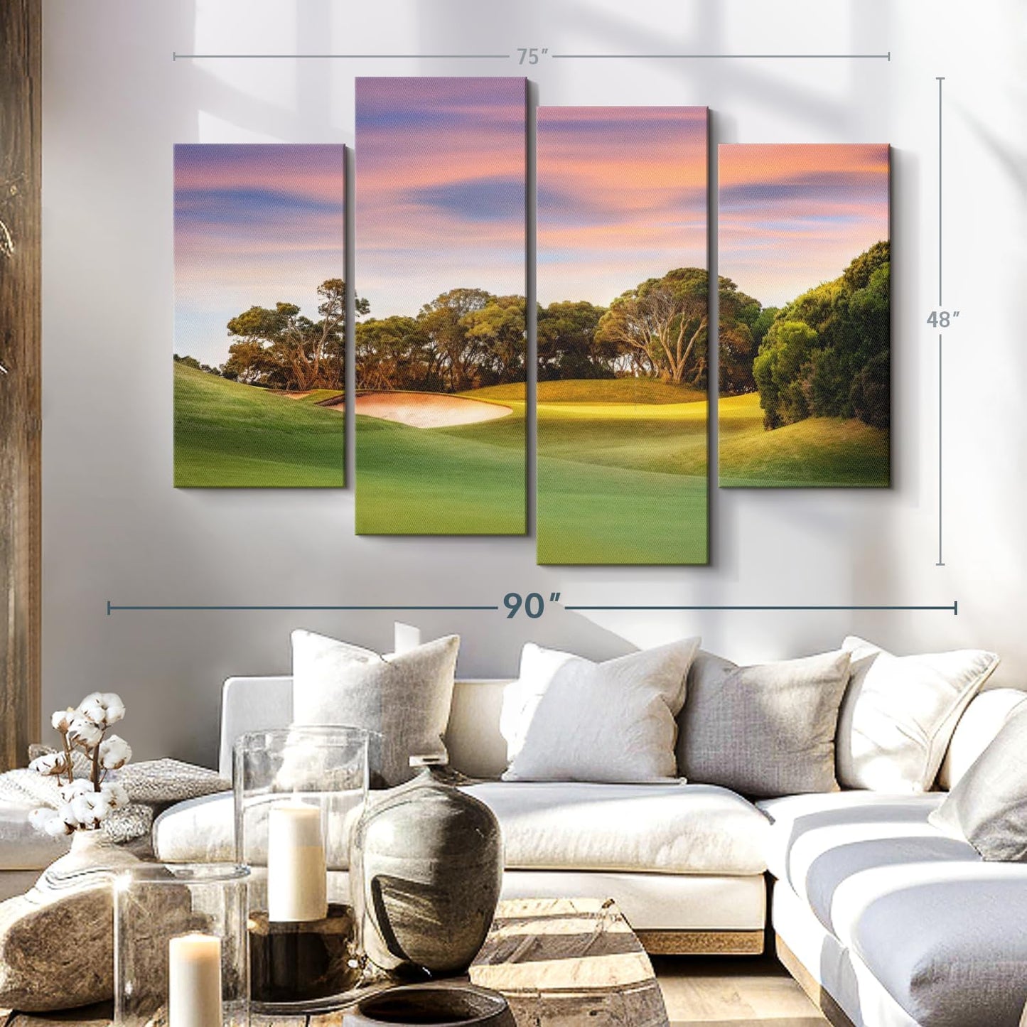 ElephantStock Golf Course Sundown Wall Art - Horizontal Canvas - 4-Piece Living Room Wall Decor - Photography Sports Canvas Print - Orange and Blue Decor for Wall - 75" X 48"