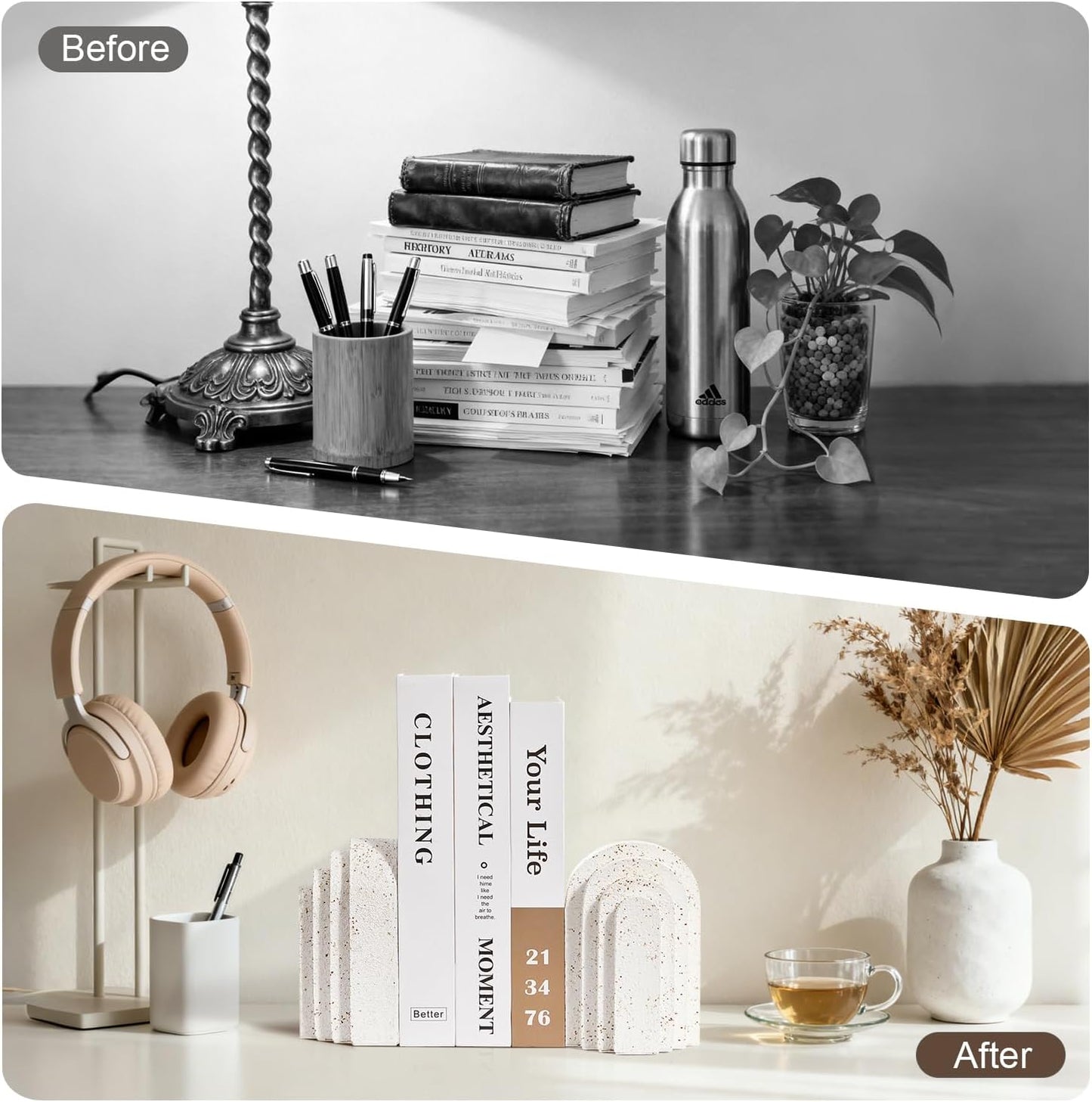 Heavy Duty Book Ends for Shelves Set of 2, Morden Decorative Bookends for Heavy Book, Aesthetic Resin Decor Book Stoppers, White Book End for Home Office Decorative