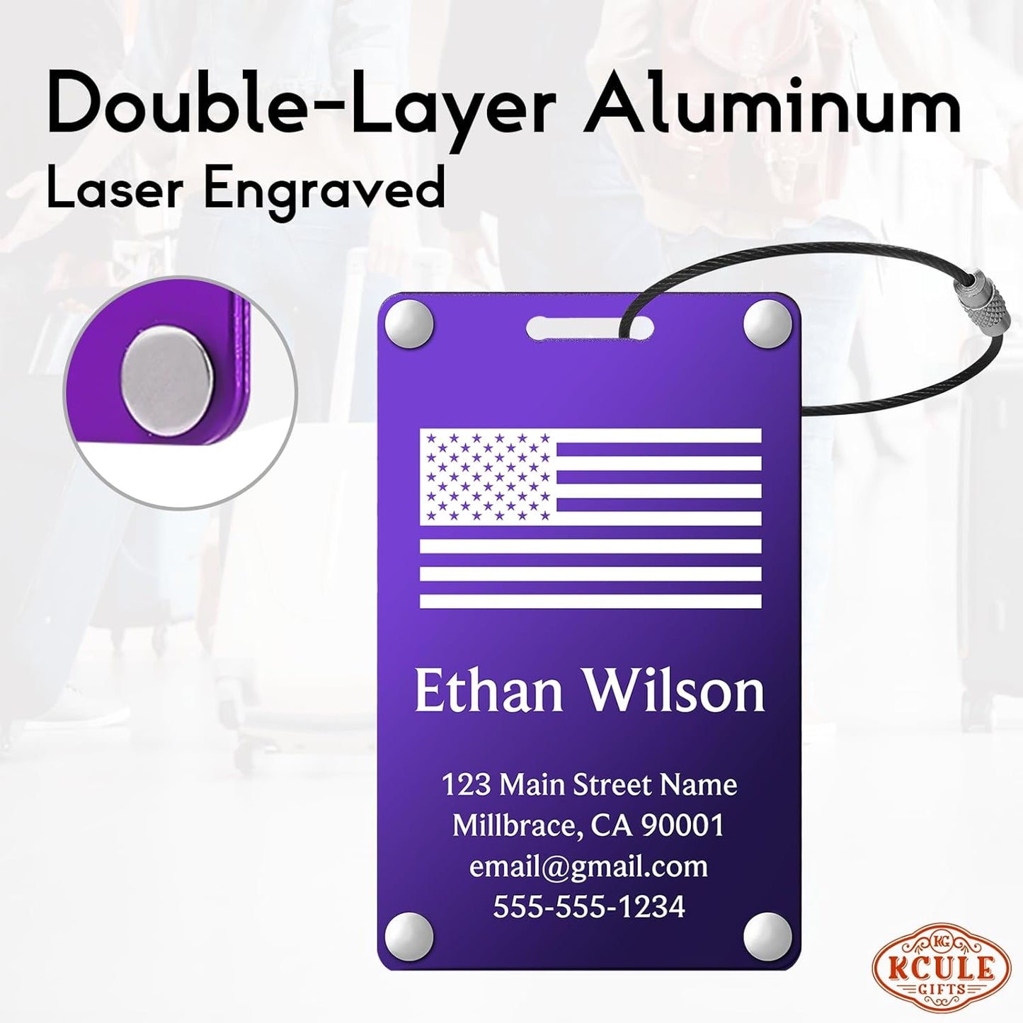 Personalized Luggage Tags: Custom Metal Luggage Tags for Suitcases, Backpacks and Bags with Your Personalized Text (Purple)