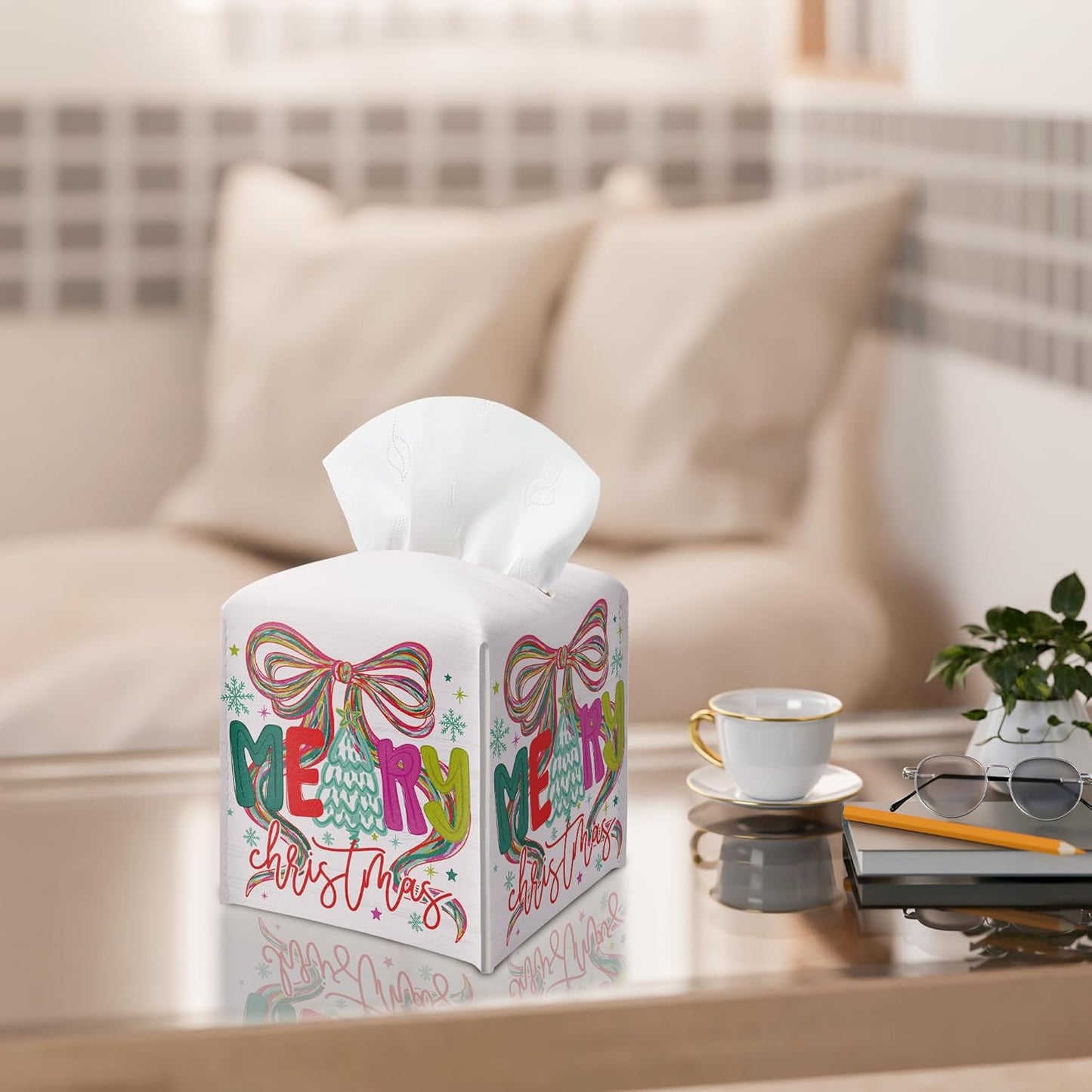 Merry Christmas Tissue Box Holder, Bow Christmas Tree Leather Tissue Box Cover Square, Paper Facial Decorative Tissues Cover for Night Stands Bathroom Kitchen Office Home Decor-B28