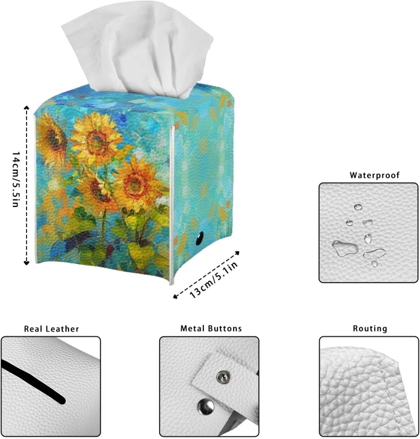 Sunflower Tissue Box Cover Funny Square Leather Tissue Cover 5x5x5 inch Oil Paited Style Home Decorative Facial Paper Box Holder for Desk Bathroom Vanity Countertop