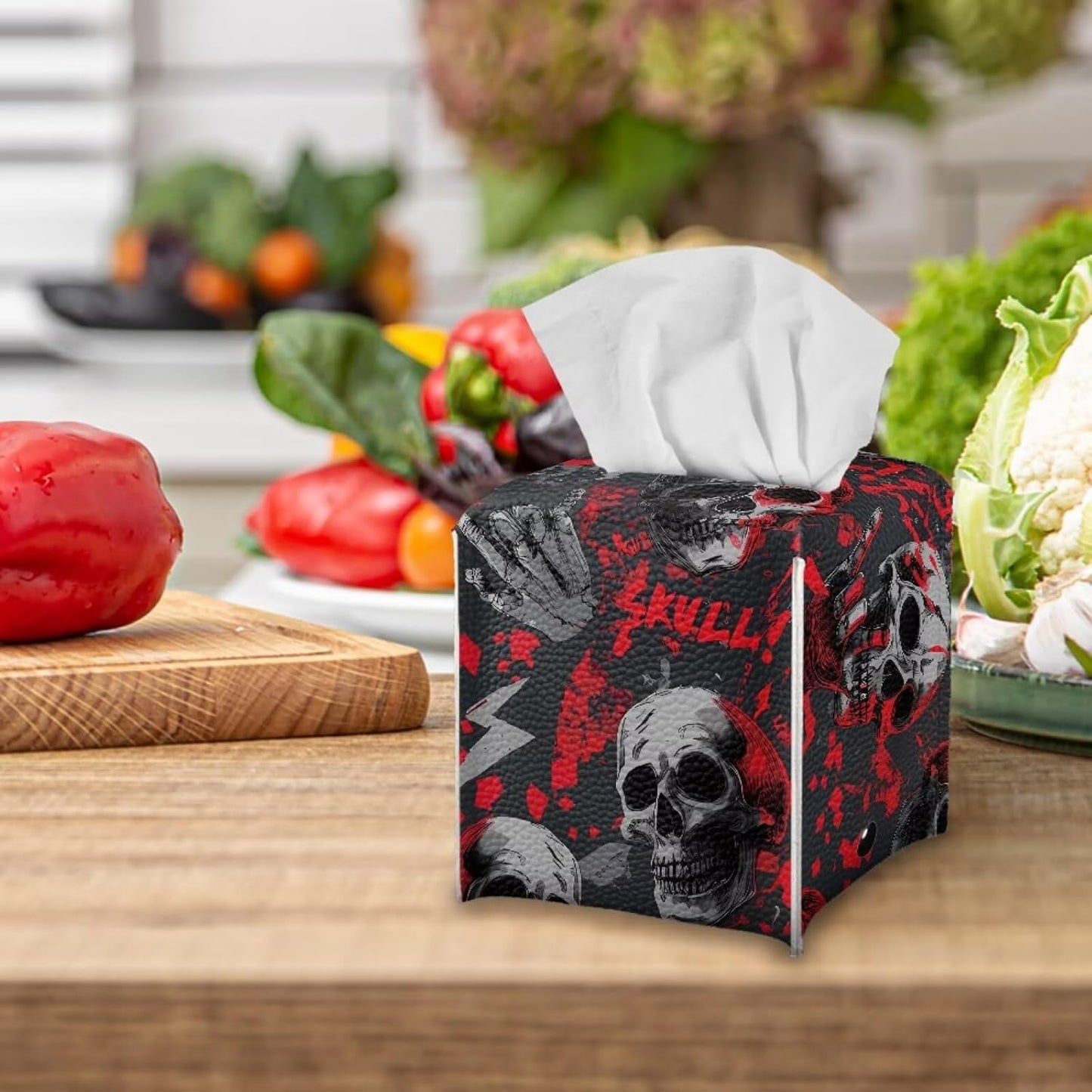 Skull Tissue Box Cover Halloween Tissue Box Holder 5x5x5 inch Decorative Holiday Napkin Dispenser Organizer Home Decor for Car Office Table Desk Kids Room