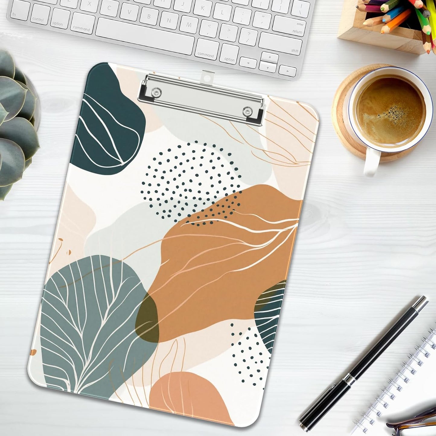 Rimilak Plastic Clipboards with Metal Clip, A4 Letter Size 9 x 12.5 in, Office Decorative for Students Women Men and Kids, Cute Custom Pattern, White Leaves