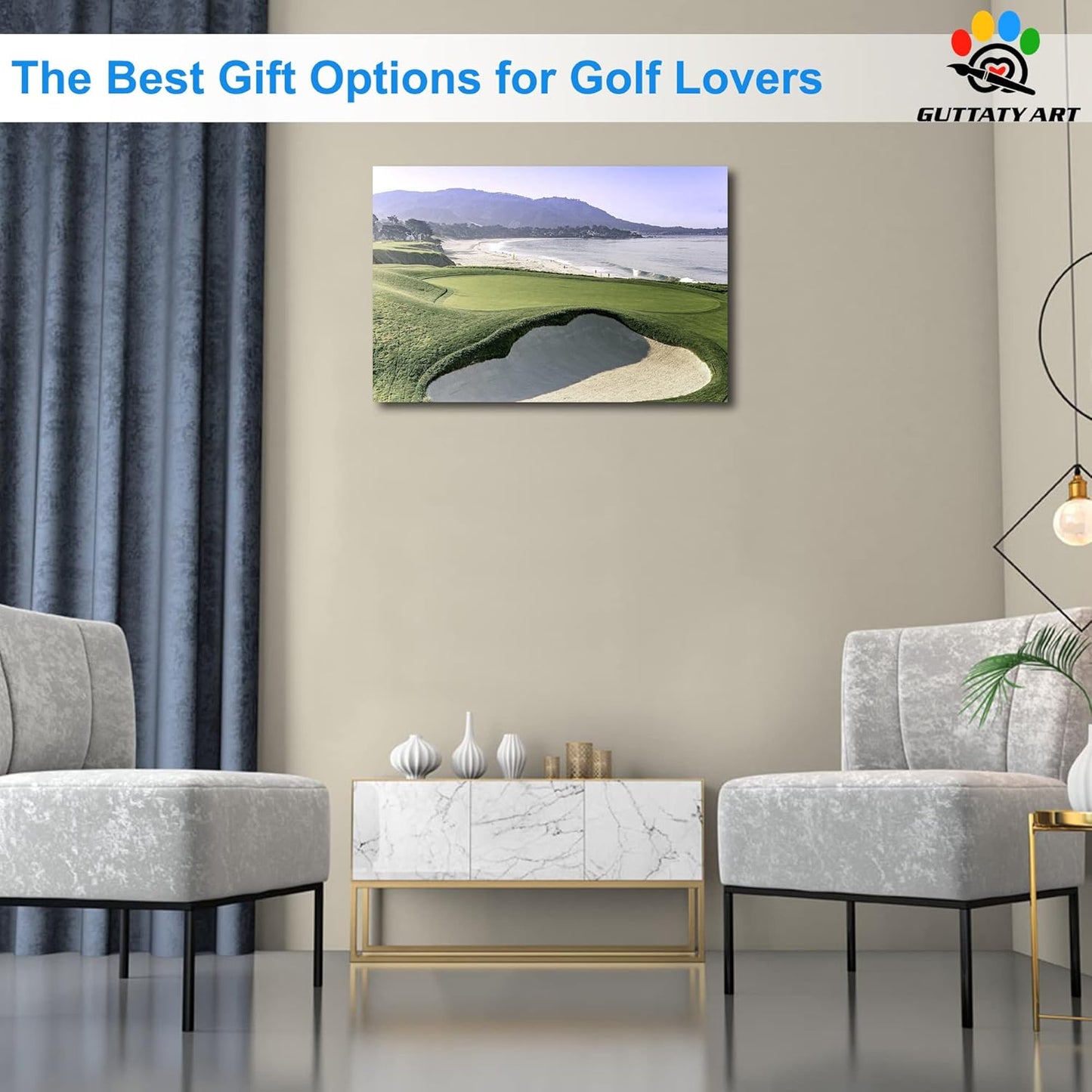 Beach Golf Wall Art, Pebble Beach Golf Links Spiritual Picture for Living Room Wall Decor, Outdoor Sports Golf Painting Prints Bedroom Kitchen Decor, Framed Artwork for Office Home 12x18 Inches