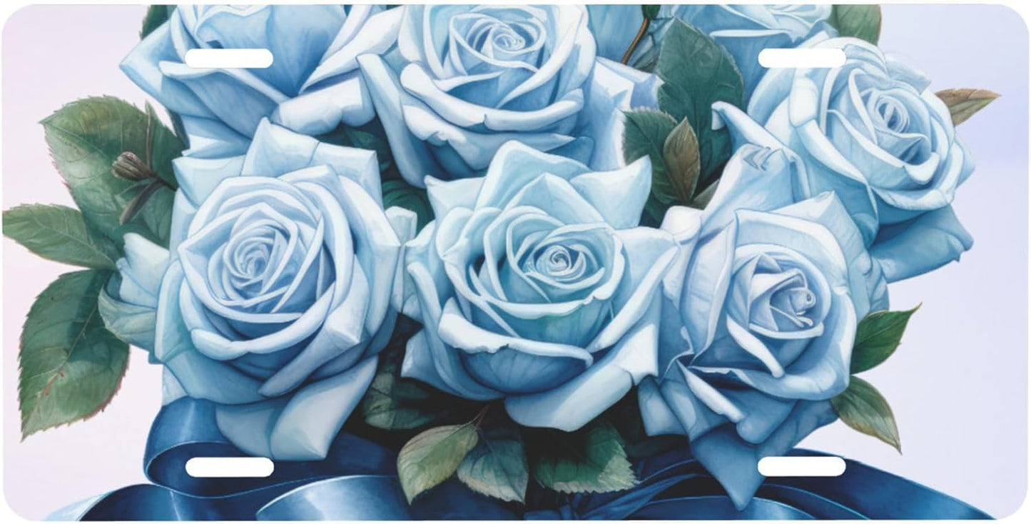 Front License Plate for Car Designs Blue Rose Flower Stainless License Plate Cover Holder for Men Women Metal Aluminum Decorative Accessory Vanity Tag Standard 6 X 12 Inch (4 Holes)