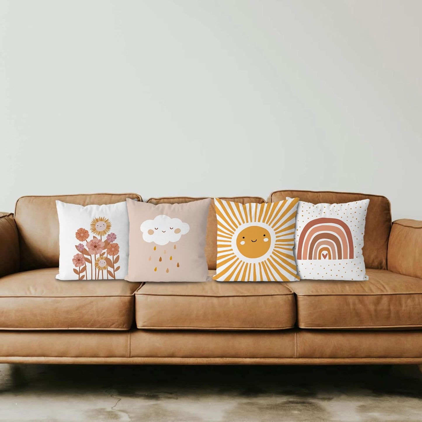 KEUSPI Boho Nursery Sun Cloud Rain Flower Rainbow Throw Pillow Covers,Bohemian Throw Pillow Covers 18×18 Inch Set of 4,Home Girls Kids Room Nursery Playroom Decor,Boho Gifts for Baby Girls
