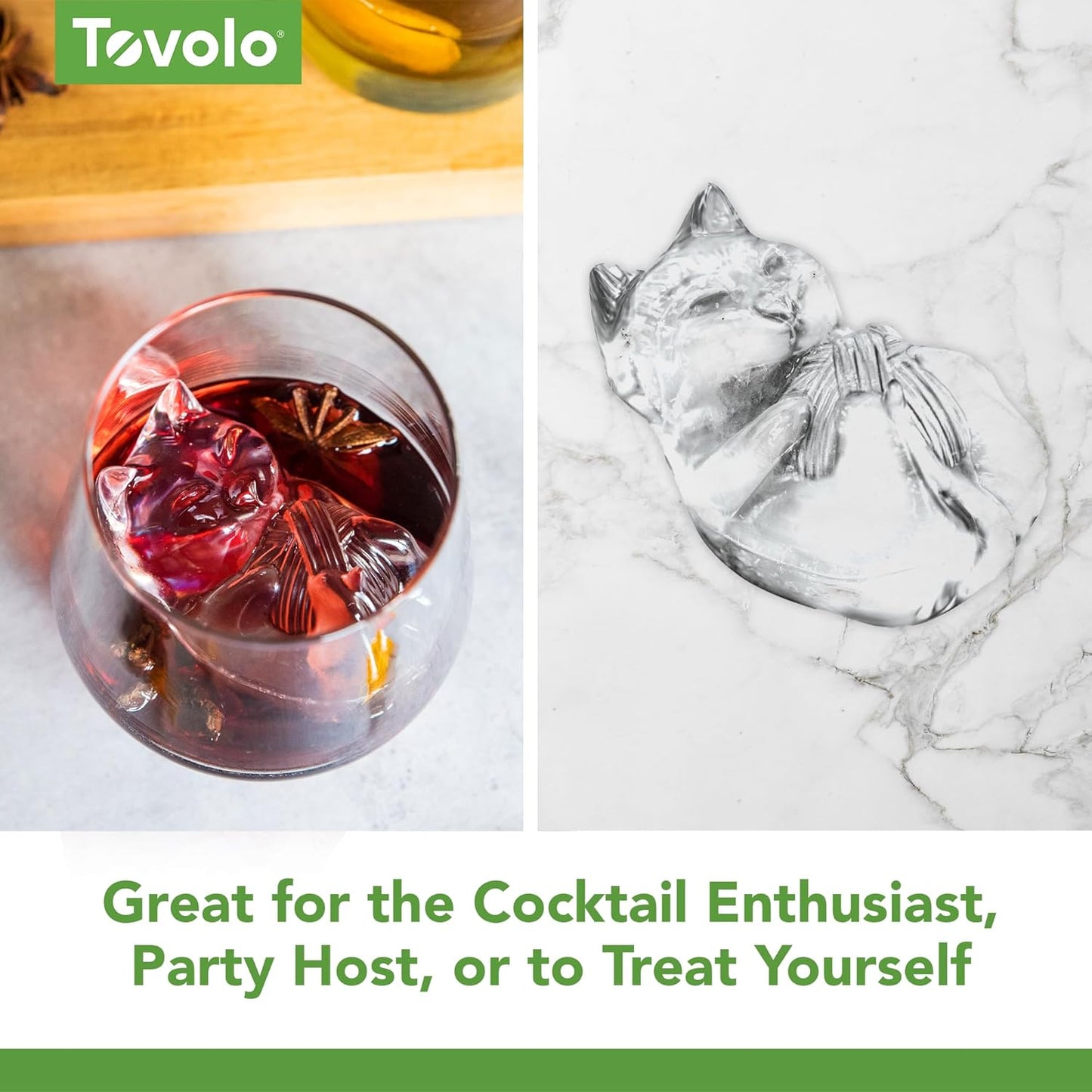 Tovolo Cat Ice Cube Mold with Yarn Pack of 2 Large Kitten Ice Molds for Whiskey Cocktails, Easy Fill No Leak Silicone Shaped Ice Cube Gifts for Cat Lovers Stackable Dishwasher Safe BPA Free