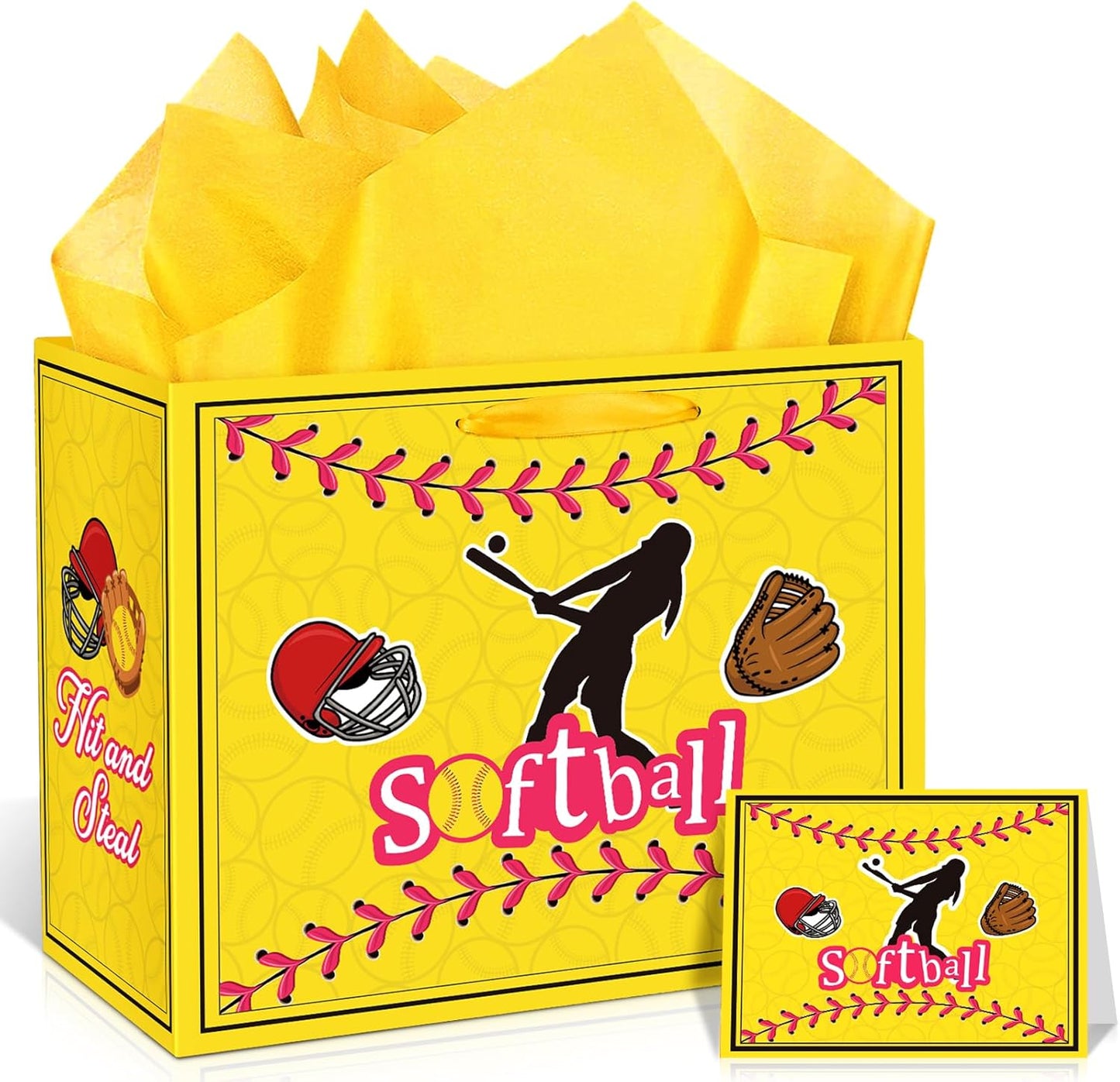 Softball Party Gift Bag Large Softball Gift Wrapping Bag with Tissue Paper Greeting Card Decorations for Sport Party Favor Softball Birthday Goodie Gifts Treat Wrap Bags for Girls Women Team Supplies