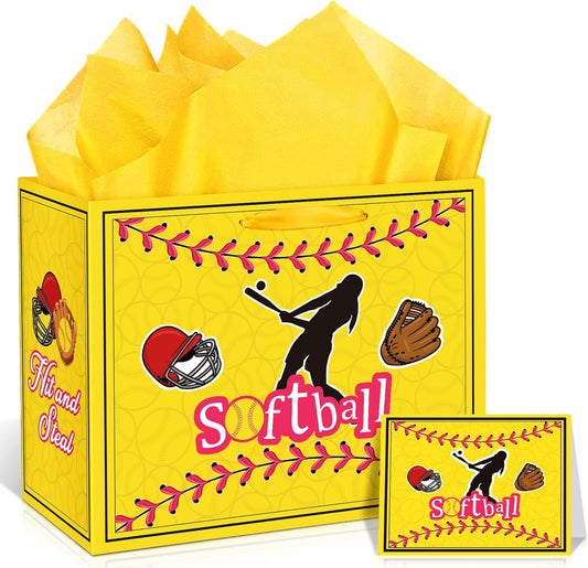 Softball Party Gift Bag Large Softball Gift Wrapping Bag with Tissue Paper Greeting Card Decorations for Sport Party Favor Softball Birthday Goodie Gifts Treat Wrap Bags for Girls Women Team Supplies