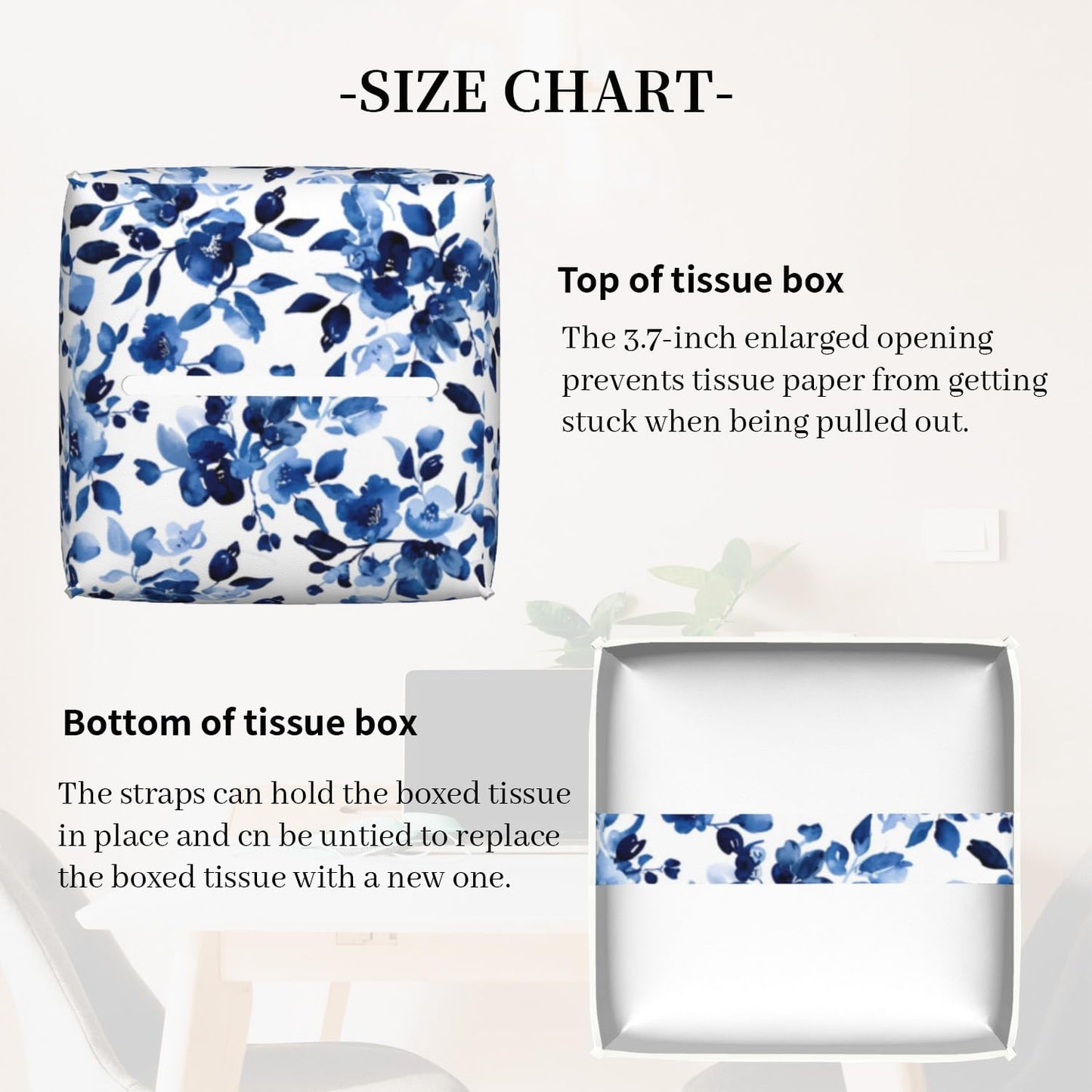 Tissue Box Cover Square, Sweet Blue Flower Watercolor Leather Tissue Box Holder Decorative Organizer for Bathroom, Home Office Car Decor