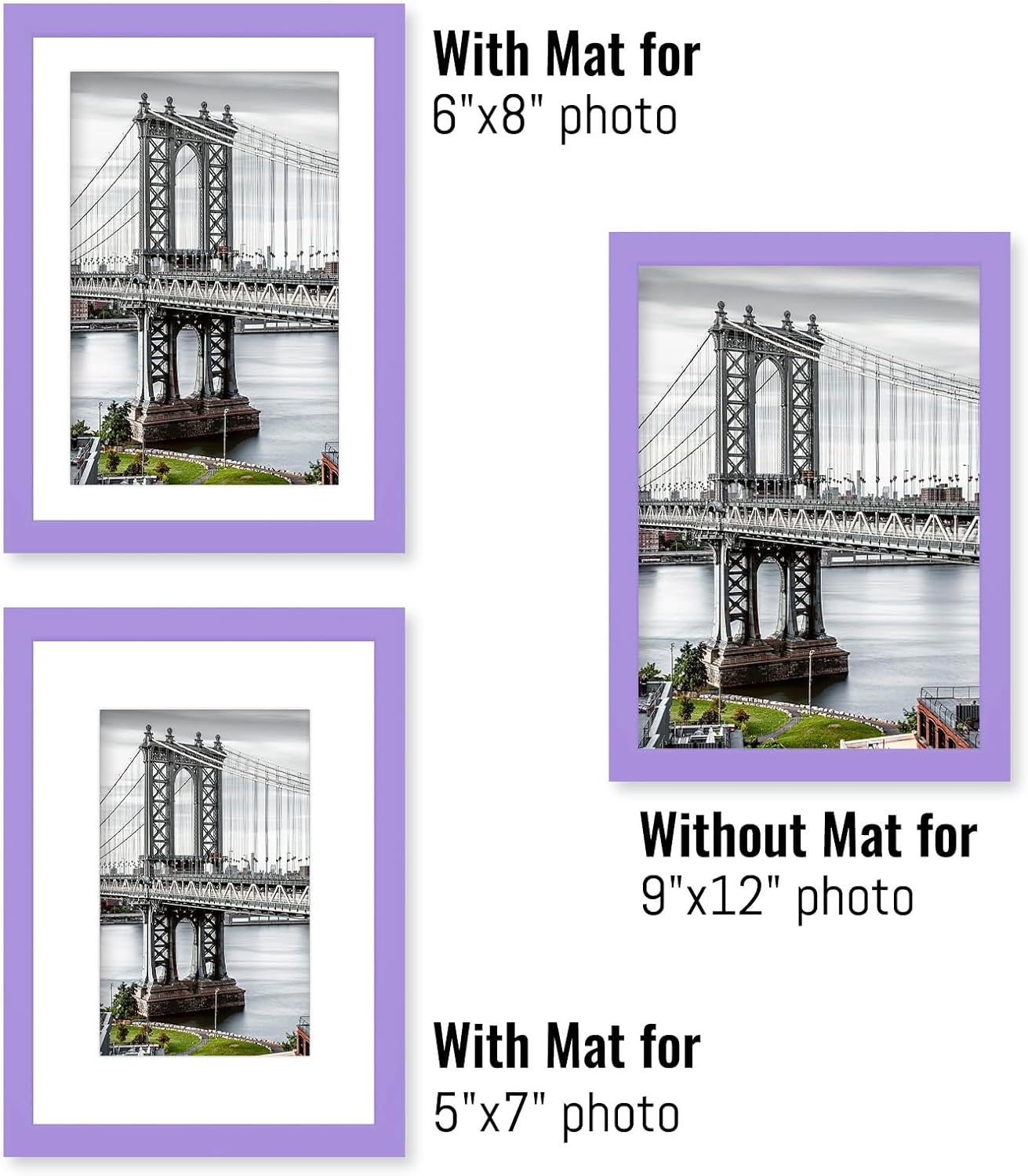 9x12 Picture Frames - Solid Wood Frame for 6x8 or 5x7 Photos with or without Mats for Wall Mounting or Table Display (Purple)