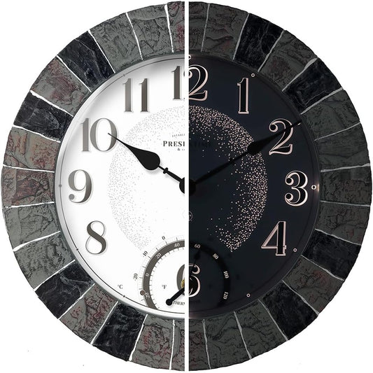 Presentime & Co 14" Illuminated in/Outdoor Clock with Smart Sensor and Night Light, Waterproof, Large Wall Clock with Thermometer, for Garden and Patio -Faux Slate.