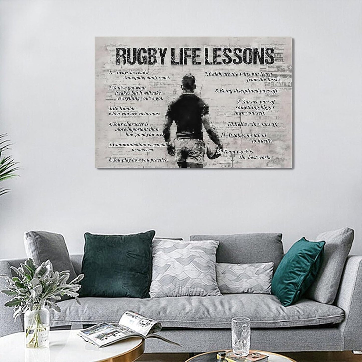 Rugby Life Lessons Wall Art Rugby Sports Wall Decor Rugby Sign Retro Poster Boy Men Motivational Decorations Canvas Print Painting Artwork for Bedroom Bathroom Living Room Gym 24"x16"